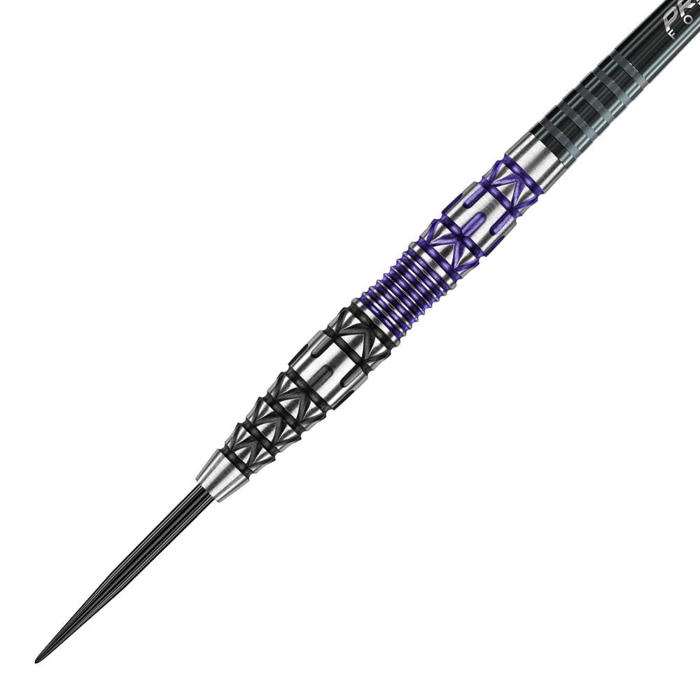 Winmau Simon Whitlock Special Edition 2020 stalen darts Das Bild zeigt einen Winmau Simon Whitlock Special Edition 2020 Steeldart. Der Dart hat ein auffälliges Design mit schwarzen, silbernen und violetten Elementen am Griff.