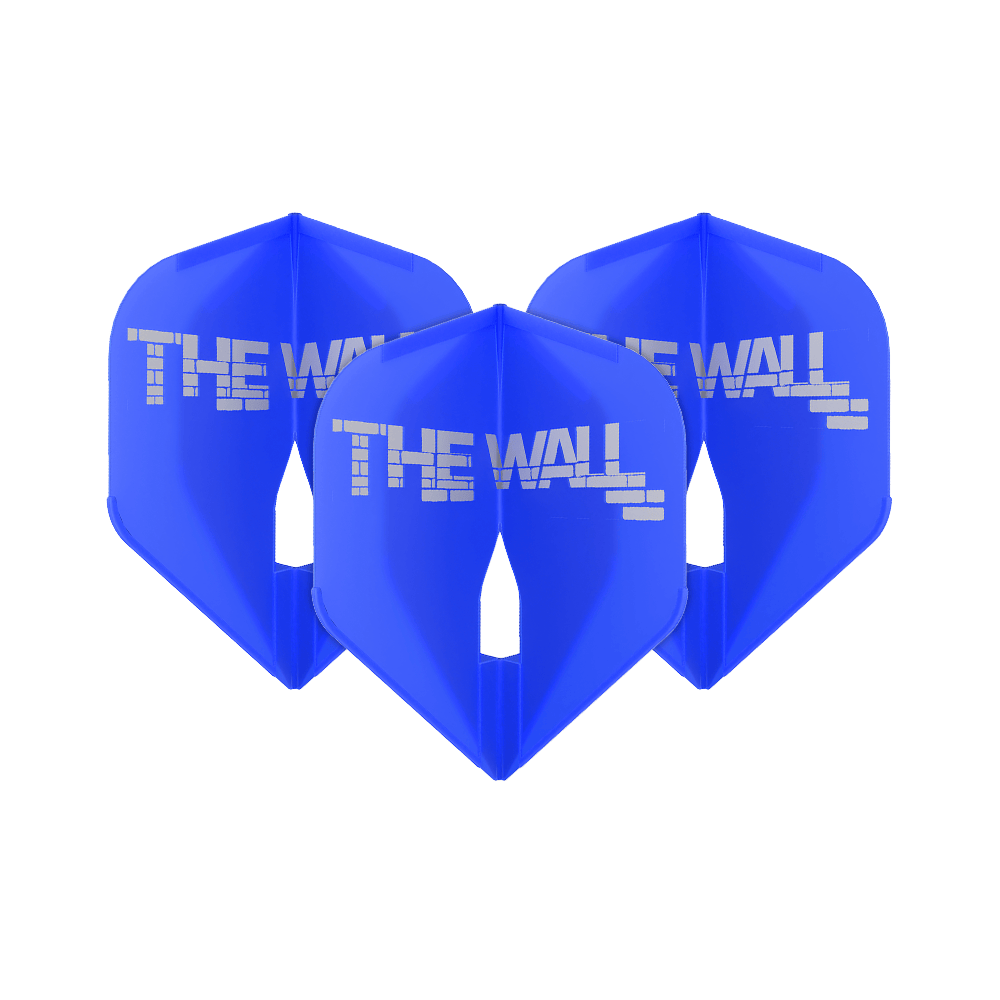 L-Style Martin Schindler Blue L1PRO Vluchten Das Bild zeigt drei blaue Dartflights mit der Aufschrift "THE WALL". Es handelt sich um das Produkt 'L-Style Martin Schindler Blau L1PRO Flights'.