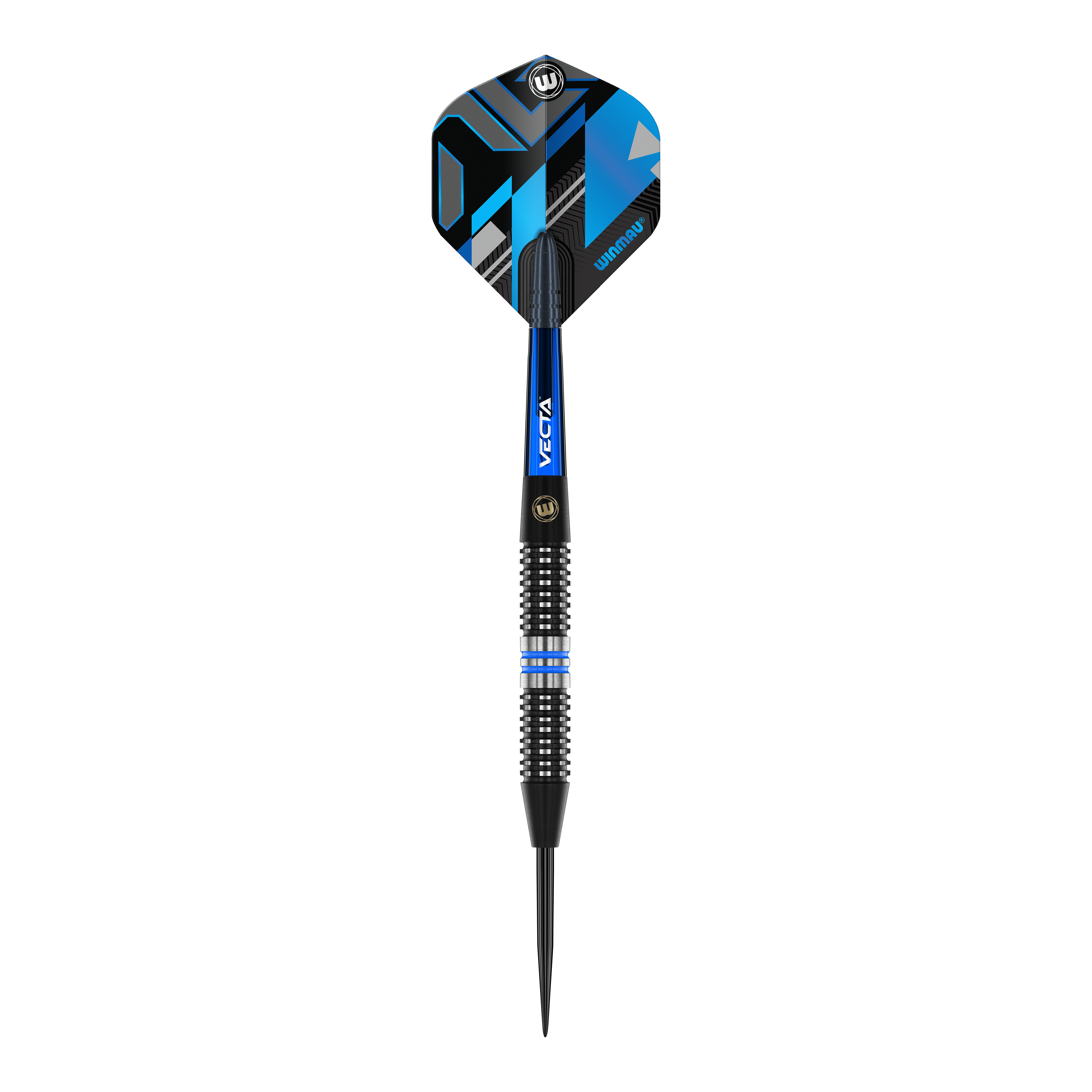 Winmau Galactics Steeldarts Das Bild zeigt einen Winmau Galactics Steeldart mit einem modernen, blauen und schwarzen Design. Der Dart hat eine strukturierte Griffzone und eine spitze Stahlspitze.