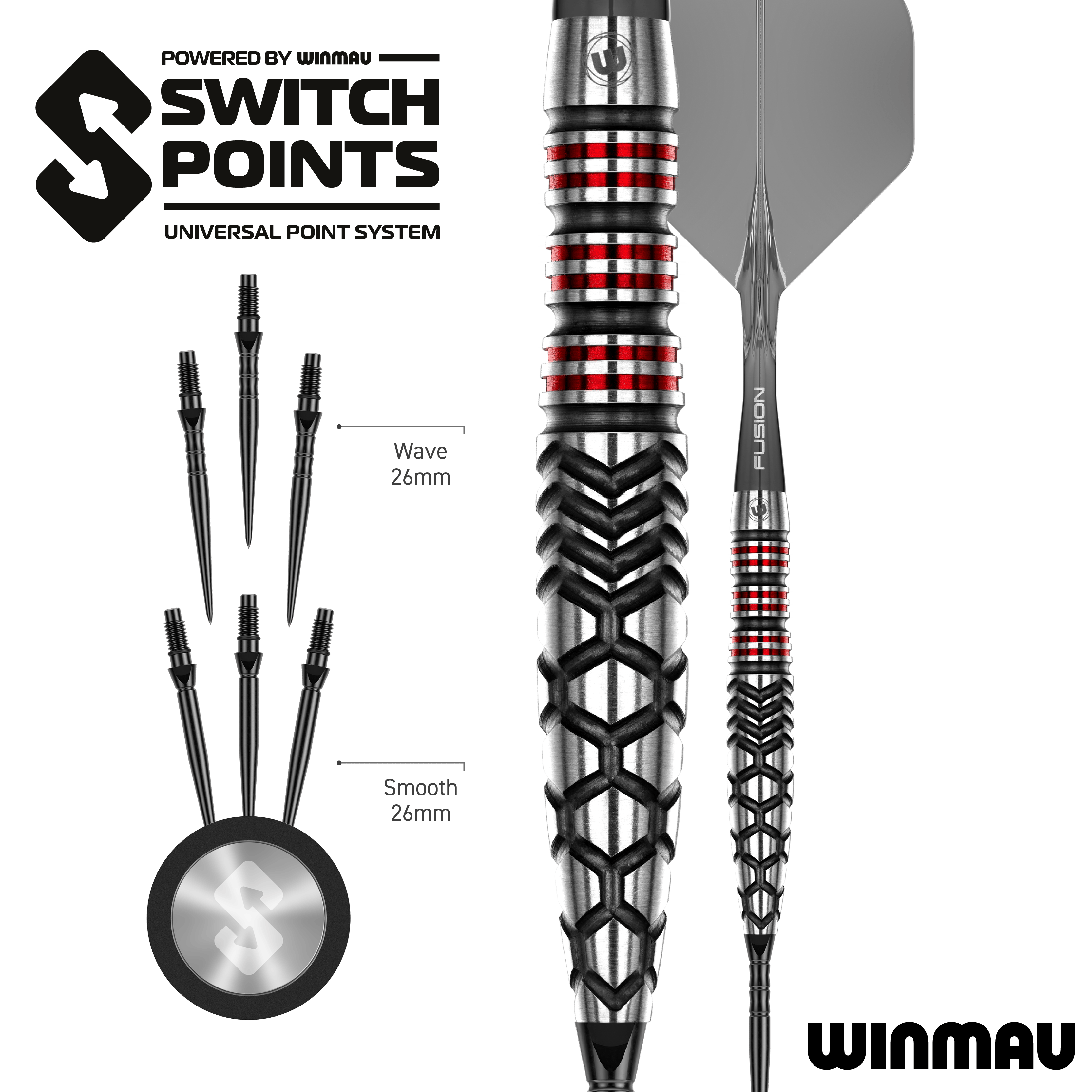 Das Bild zeigt die Winmau Fornax Torpedo Switch Points Steeldarts. Diese Steeldarts sind speziell für hohe Präzision und Leistung entwickelt.