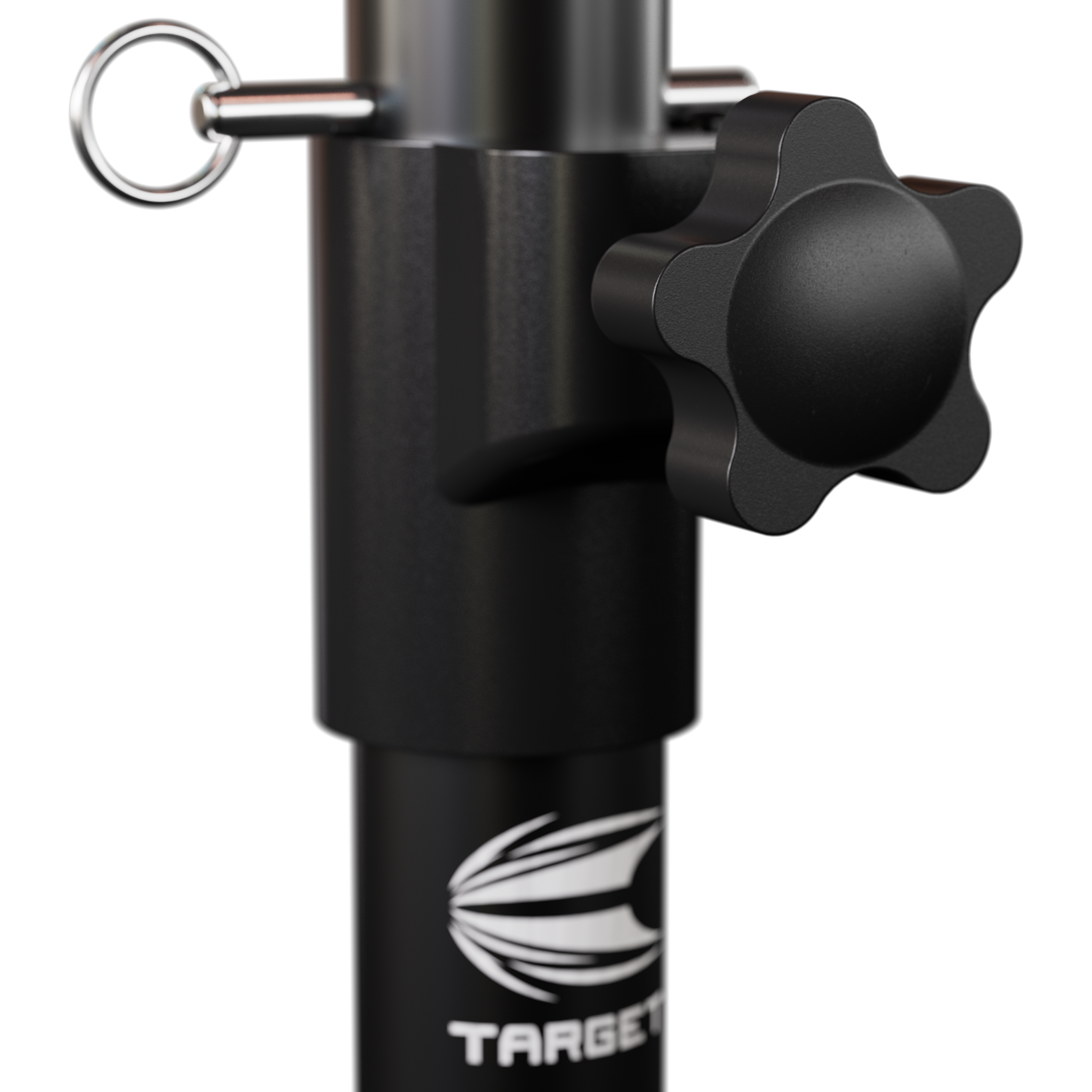 Target Dartbordstandaard Das Bild zeigt einen Teil eines Target Dartboard Ständers mit einem Drehknopf zur Höhenverstellung. Unten ist das Target-Logo deutlich sichtbar.