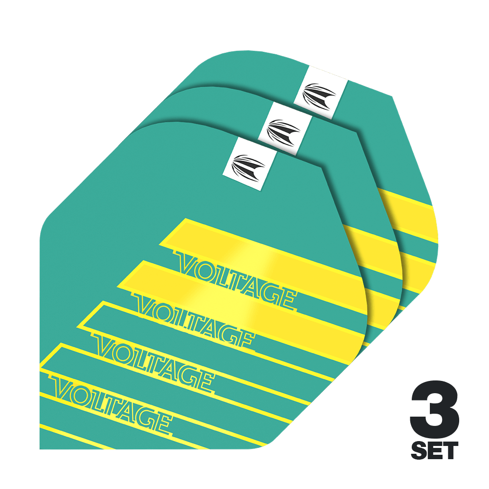 Target Pro Ultra Rob Cross Aqua No2 Standaard vluchten - 3 sets Das Bild zeigt drei Sets der Target Pro Ultra Rob Cross Aqua No2 Standard Flights. Die Flights sind türkis mit gelben Streifen und dem Schriftzug "VOLTAGE".