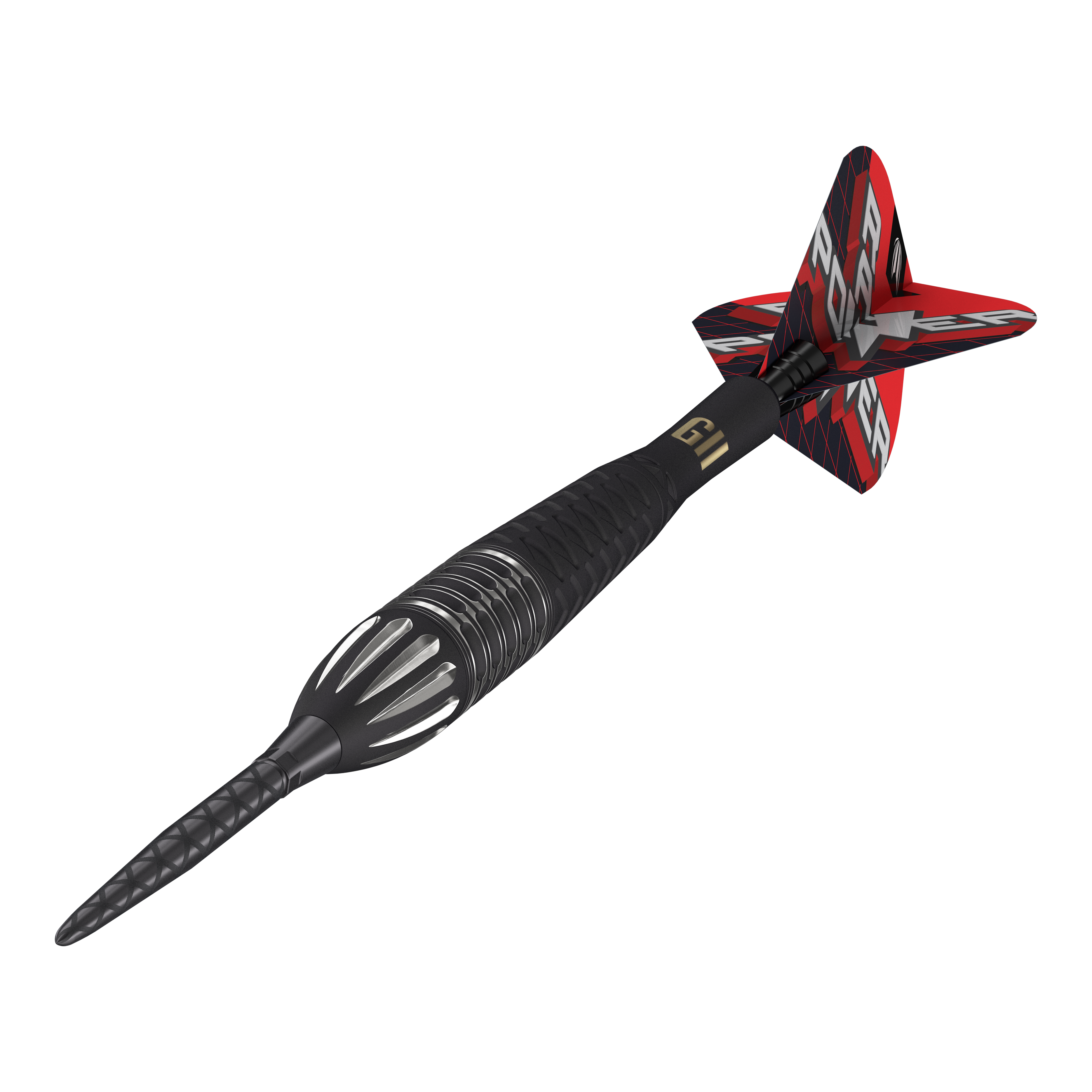 Das Bild zeigt einen Target Phil Taylor RAW Power 9Five GEN11 Swiss Point Steeldart. Der Dartpfeil hat ein schwarzes und silbernes Design mit roten Flights und der Aufschrift "POWER".