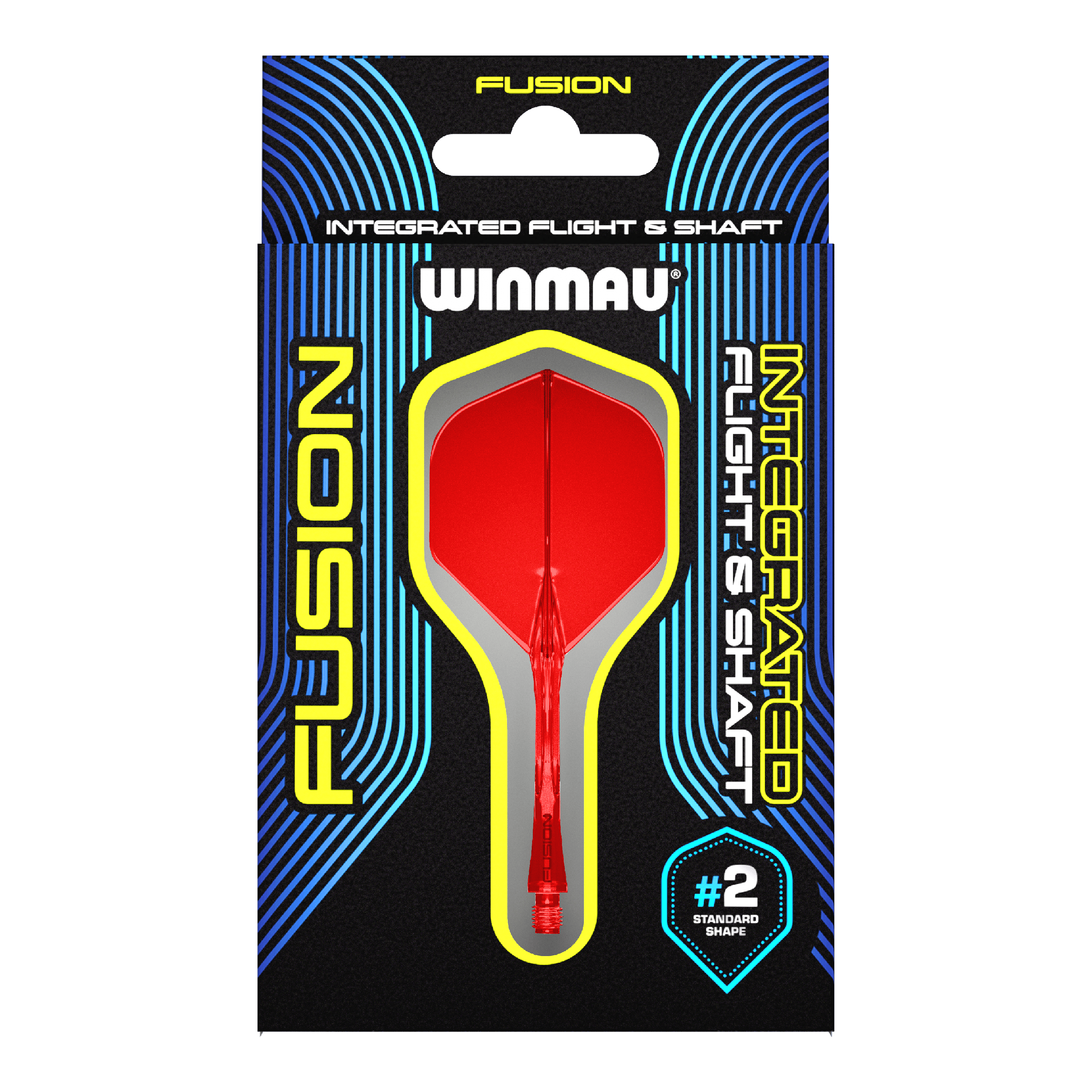 Winmau Fusion Flight Shaft System Standaard Rood Das Bild zeigt eine Verpackung für das Winmau Fusion Integrated Flight & Shaft System in Rot. Im Mittelpunkt ist ein integrierter Dart-Flügel mit Schaft der Größe #2 im Standard-Shape zu sehen.