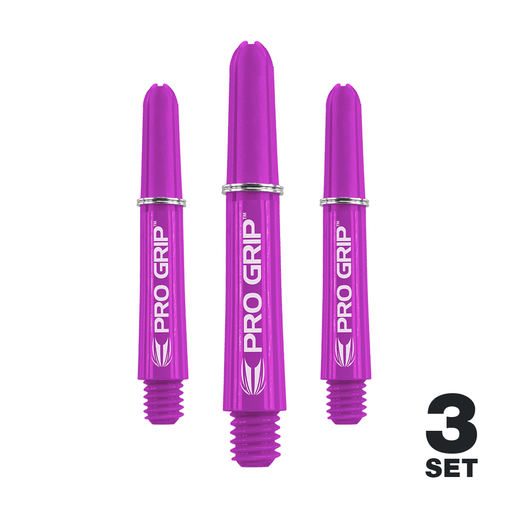 Target Pro Grip Shafts - 3 sets - Paars Das Bild zeigt drei lila Dartshafts der Marke PRO GRIP. In der rechten unteren Ecke steht „3 SET“, was auf ein Set mit drei Stück hinweist.