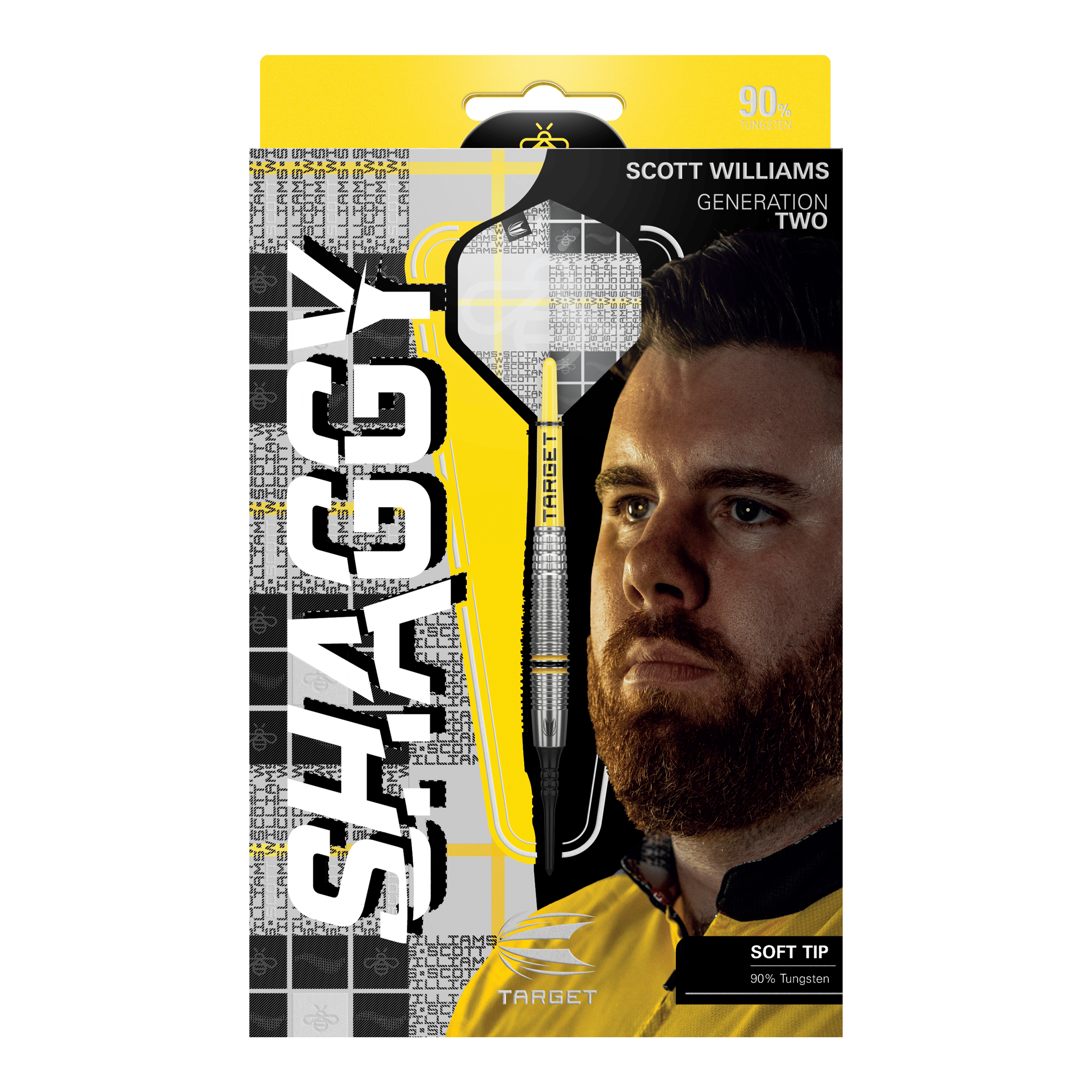 Target Scott Williams GEN2 zachte darts - 18g Das Bild zeigt die Verpackung der "Target Scott Williams GEN2 Softdarts - 18g". Auf der Vorderseite sind ein Dartpfeil, das Gesicht von Scott Williams und der Schriftzug "SHAGGY" prominent zu sehen.