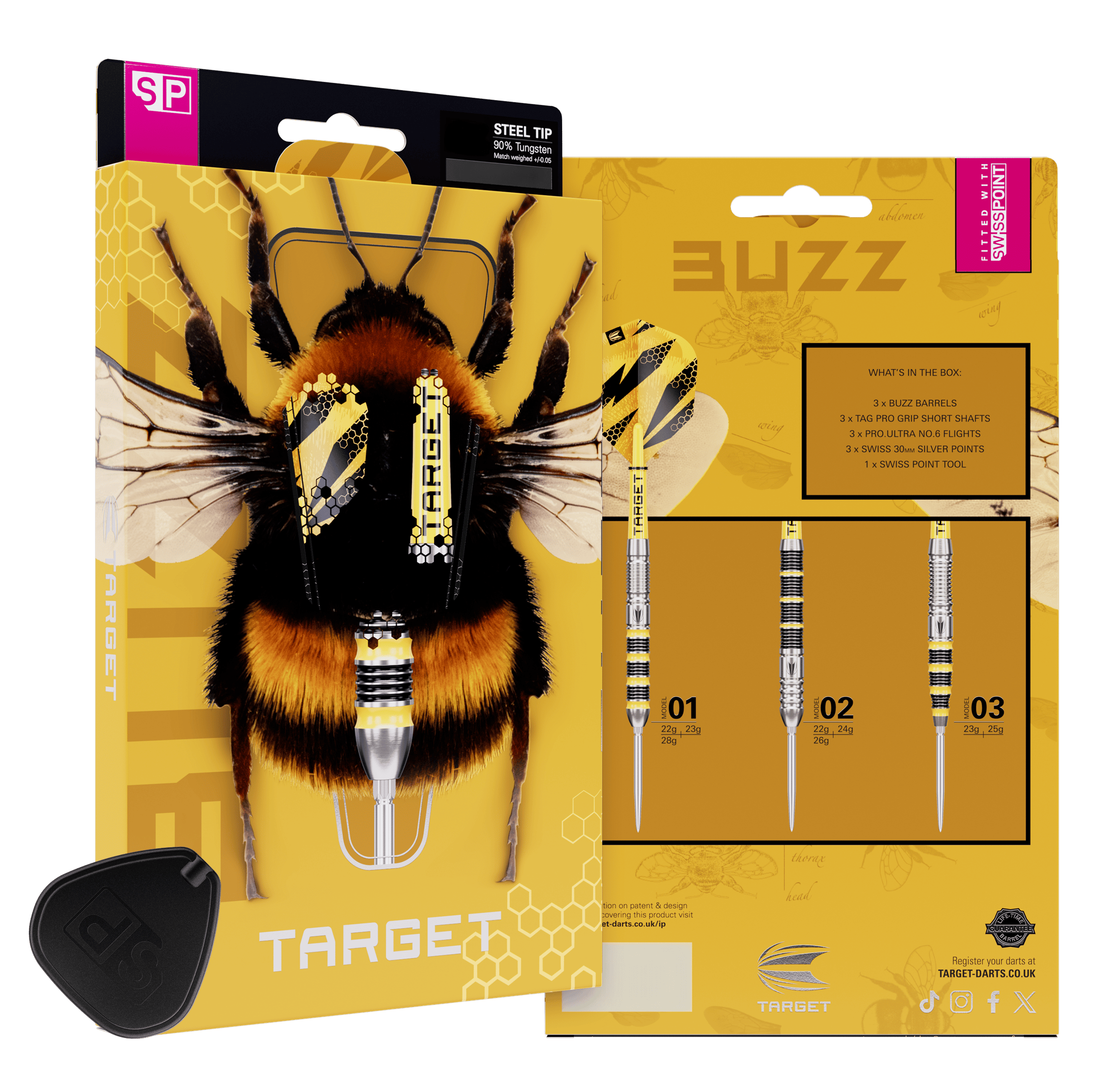 Target Buzz 01 Swiss Points stalen dartpijlen Hier sieht man Target Buzz 01 Swiss Points Steeldarts. Die Darts zeichnen sich durch ihr spezielles Swiss Points System aus.