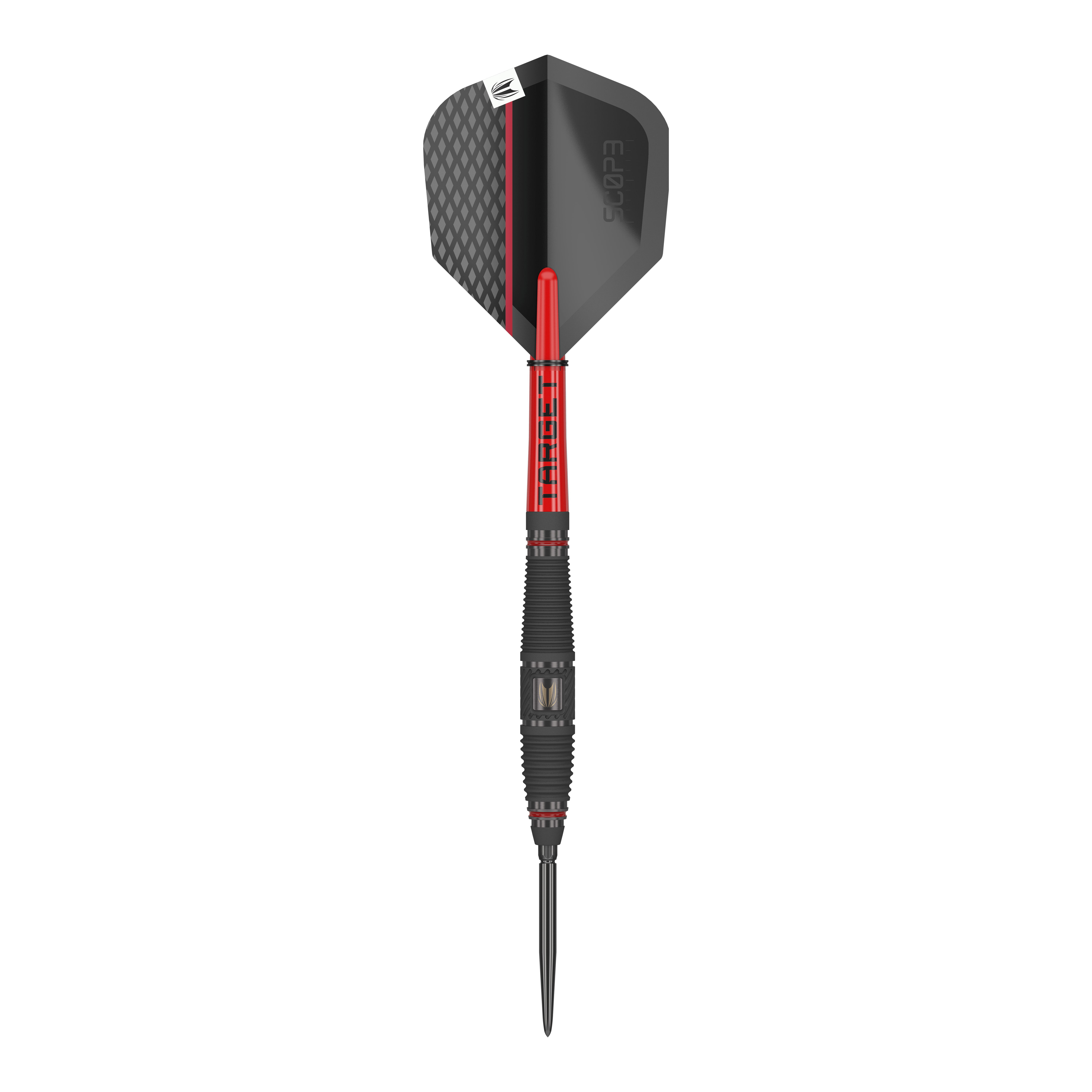 Target Scope 03 Swiss Point stalen darts Das Bild zeigt einen Target Scope 03 Swiss Point Steeldart. Der Dart hat ein modernes Design mit schwarzen und roten Elementen sowie einer strukturierten Griffzone.