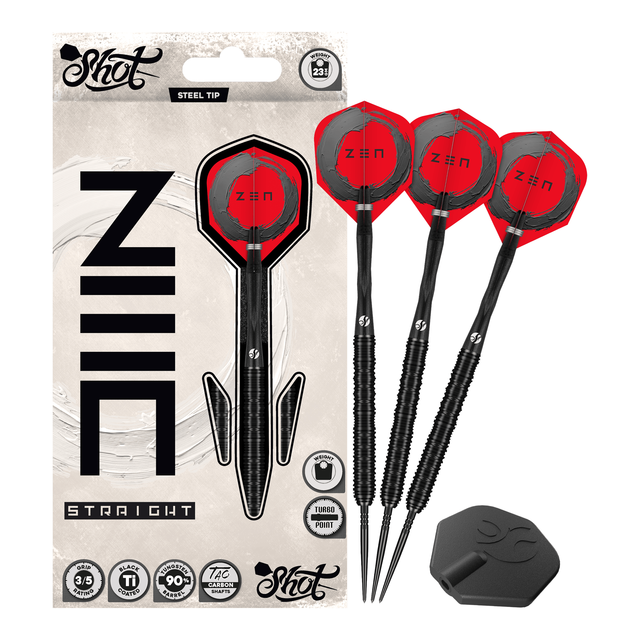 Shot ZEN Straight Turbo Point stalen dartpijlen - 23 g Das Bild zeigt Shot ZEN Straight Turbo Point Steeldarts - 23g in voller Länge. Die Steeldarts werden vollständig dargestellt.