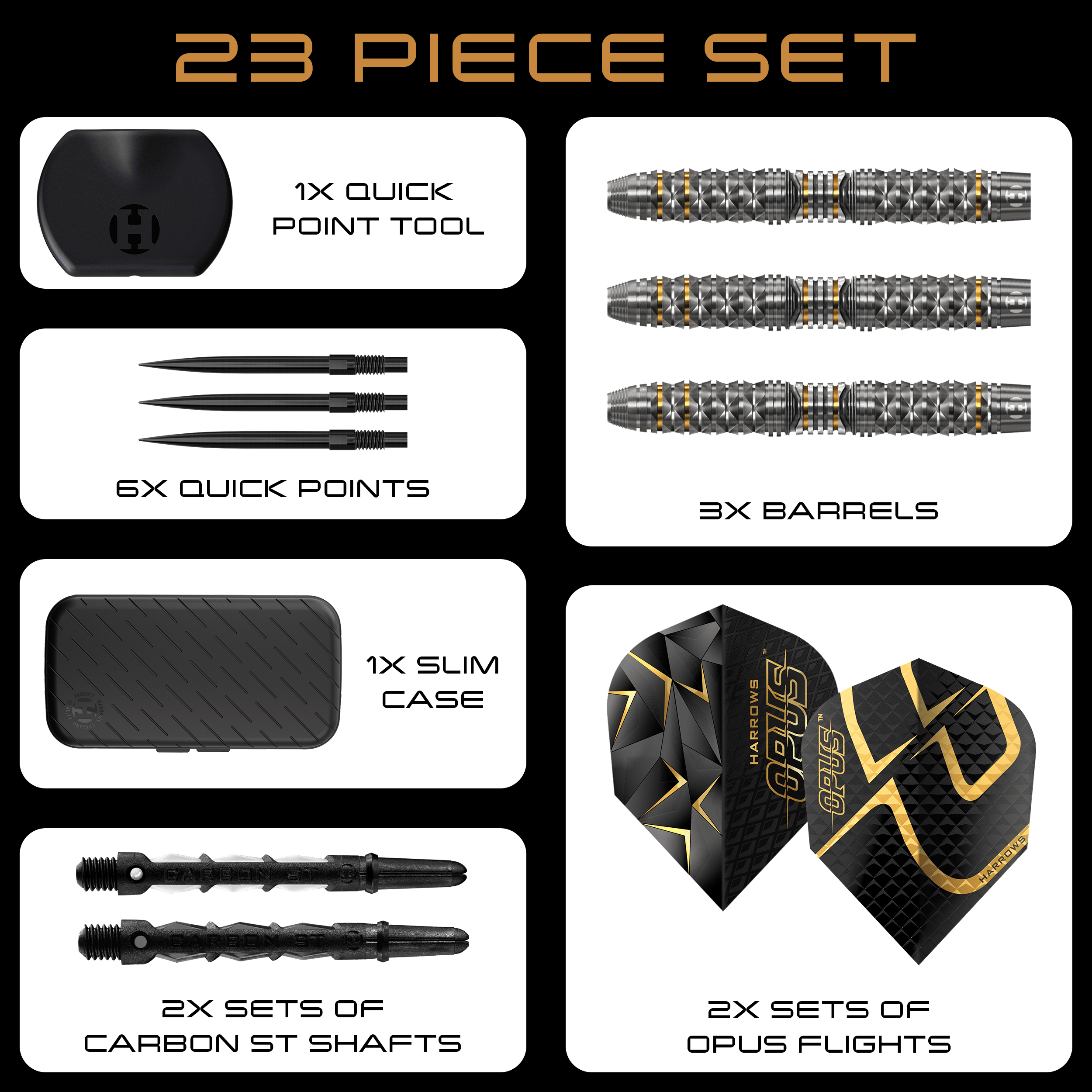 Harrow's Opus Quick Point stalen dartpijlen Auf dem Bild sind die Harrows Opus Quick Point Steeldarts mit 23g zu sehen. Diese Darts eignen sich für das Steeldartspiel.