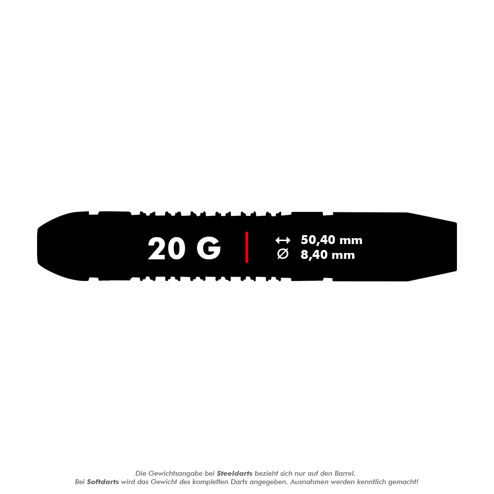 Das Bild zeigt die Produktangaben für den "Unicorn Top Brass V1 Steeldarts - 20g". Es hat ein Gewicht von 20 Gramm, eine Länge von 50,40 mm und einen Durchmesser von 8,40 mm.