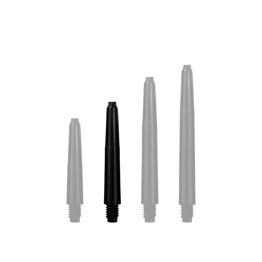 566_Nylon_Shafts_Schwarz_35mm_1rkfywb7QCdRbL Das Bild zeigt vier schwarze Nylon Shafts in unterschiedlichen Längen. Sie sind gerade und verfügen am unteren Ende über ein Schraubgewinde.