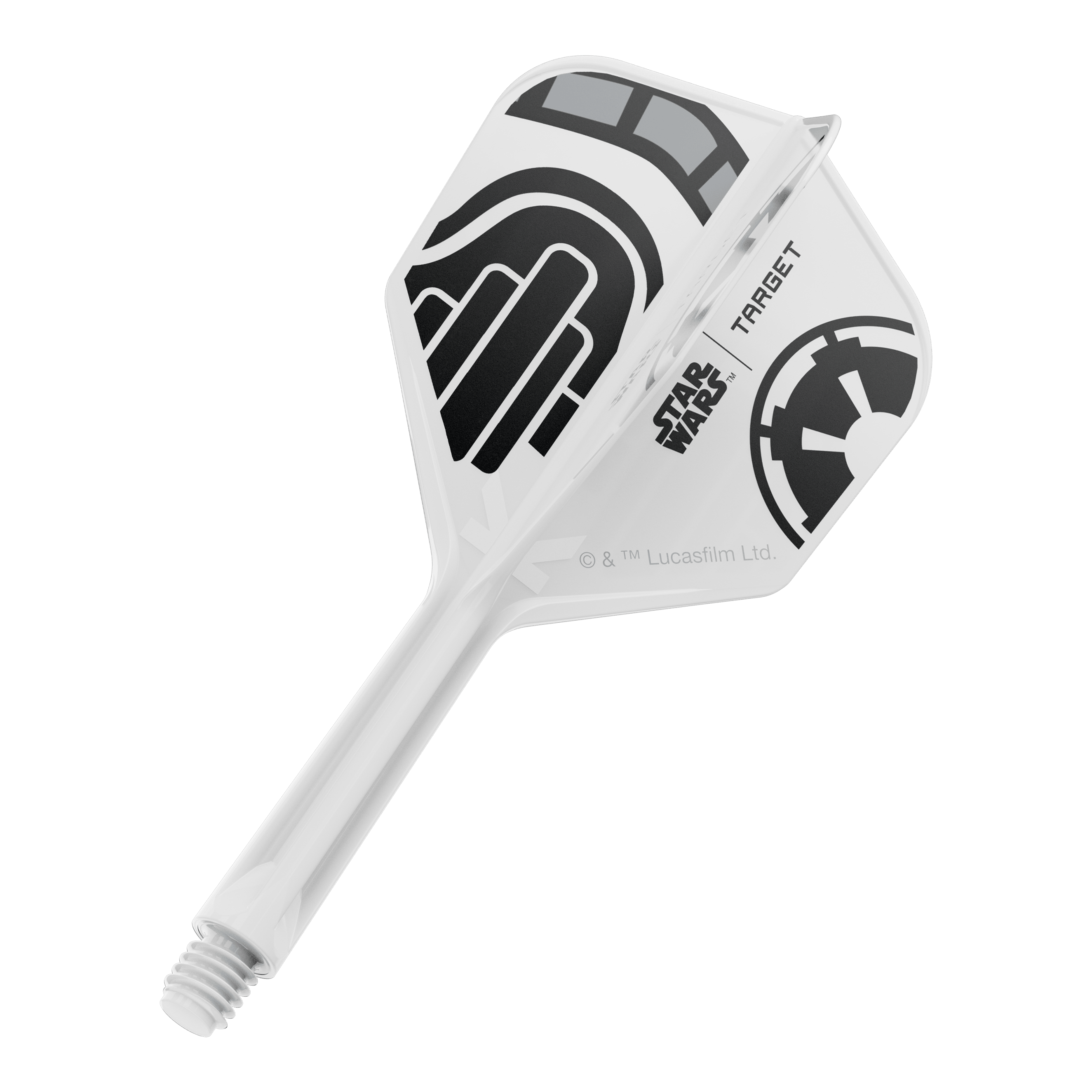 Ein Dart-Flight aus der Star Wars KFlex Stormtrooper No6 Serie ist auf dem Bild. Der Flight ist intermediate und misst 26 mm.