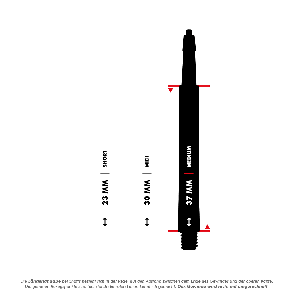 Das Bild zeigt die Harrows Clic Standard Shafts in Schwarz in drei verschiedenen Längen. Die Längen sind 23 mm (Short), 30 mm (Midi) und 37 mm (Medium).
