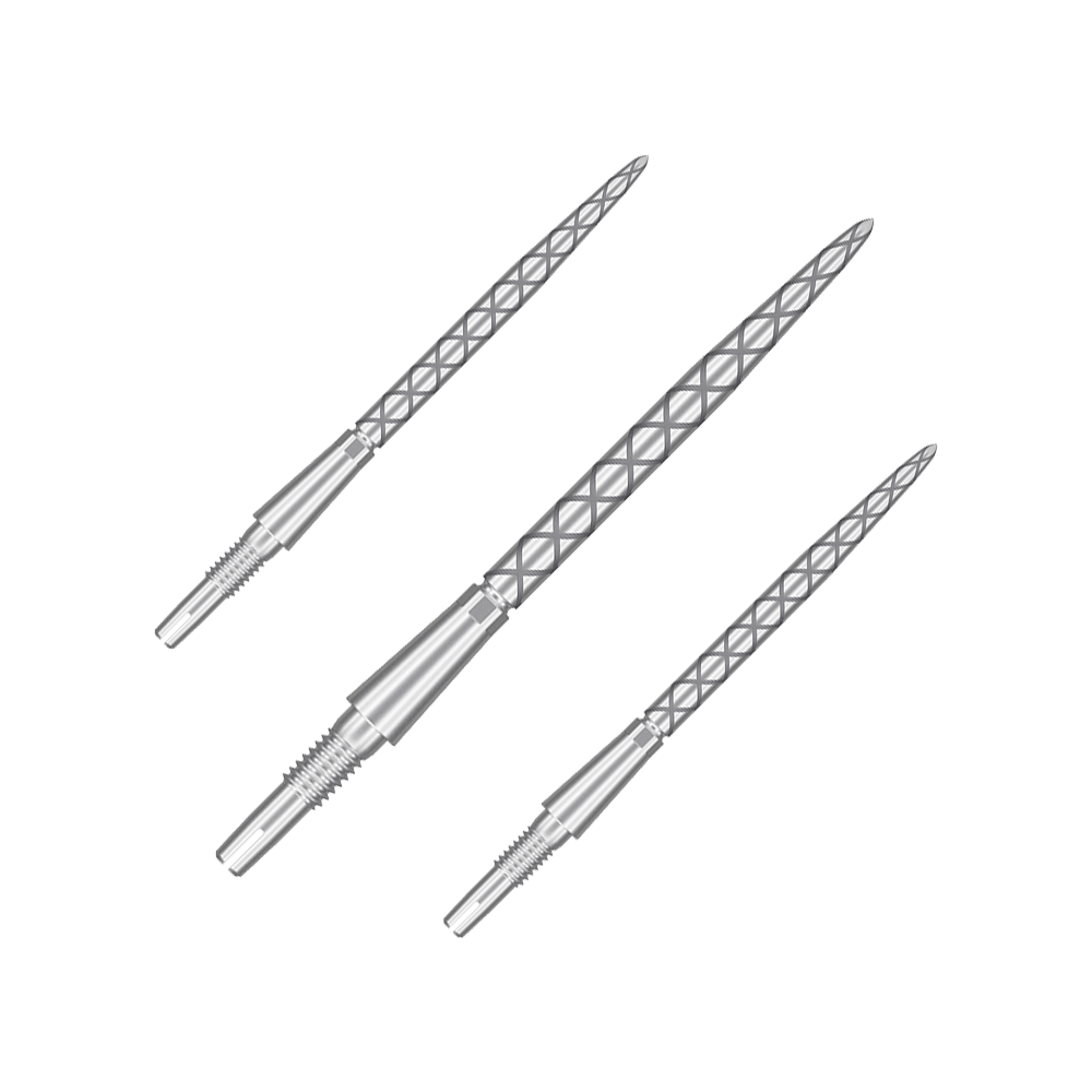 Target Swiss Storm Diamond Point Dartpunten - Zilver Auf dem Bild sind drei silberne Dartspitzen mit einem rautenförmigen Muster zu sehen. Sie sind lang und schmal und liegen nebeneinander auf einem neutralen Hintergrund.
