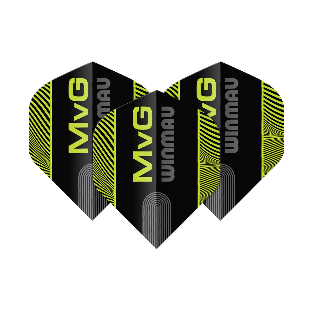 Winmau Prism Delta MvG Zwart Groen Tekst Nr. 2 Standaard Vluchten Das Bild zeigt die Winmau Prism Delta MvG Black Green Text No2 Standard Flights. Es handelt sich um Dart-Flights in Schwarz und Grün mit Text-Design.