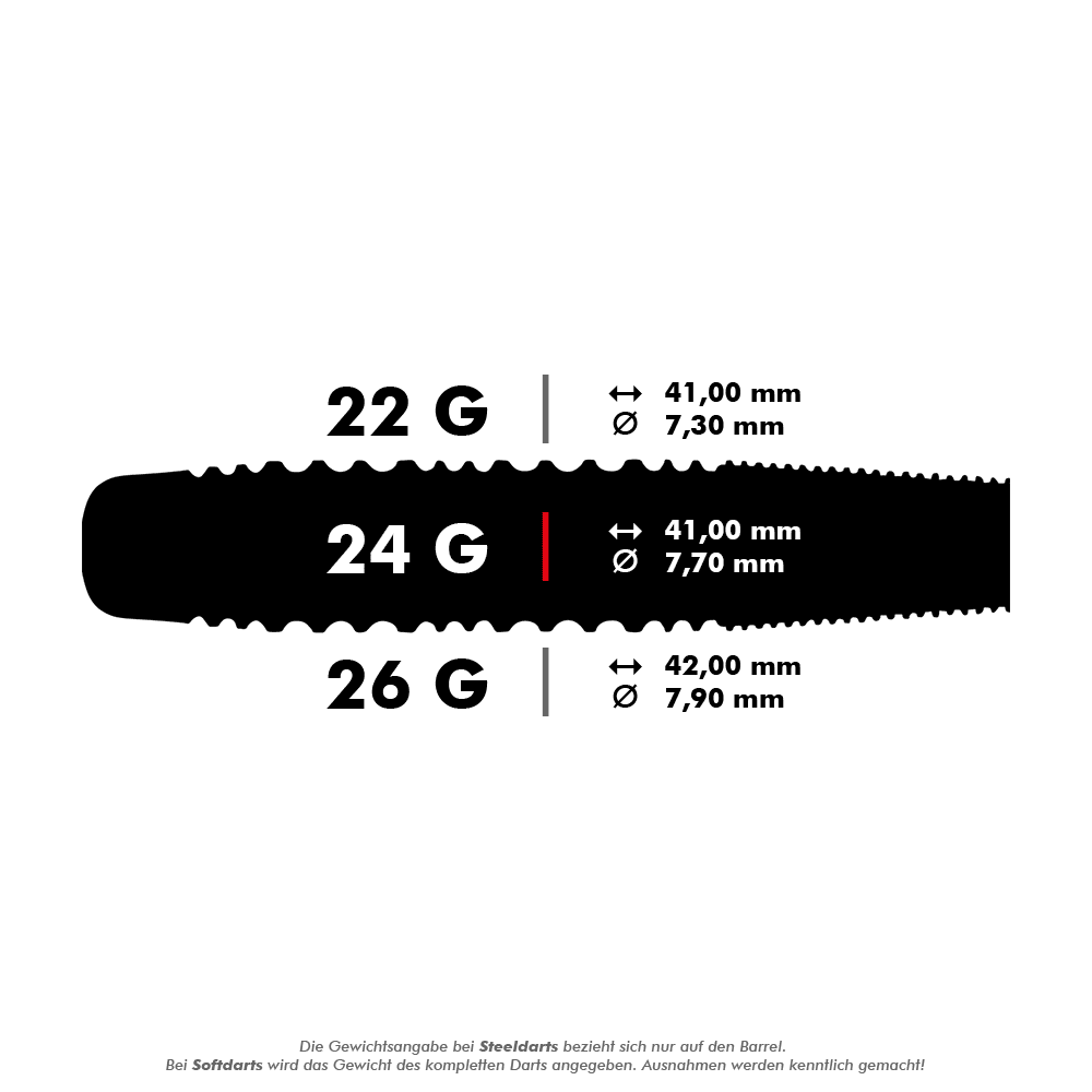 Unicorn The Machine James Wade 90% stalen darts Auf dem Bild werden die Maße und Gewichte von drei verschiedenen Steeldarts gezeigt: 22g, 24g und 26g. Für jede Gewichtsklasse sind die Länge und der Durchmesser des Barrels in Millimetern angegeben.