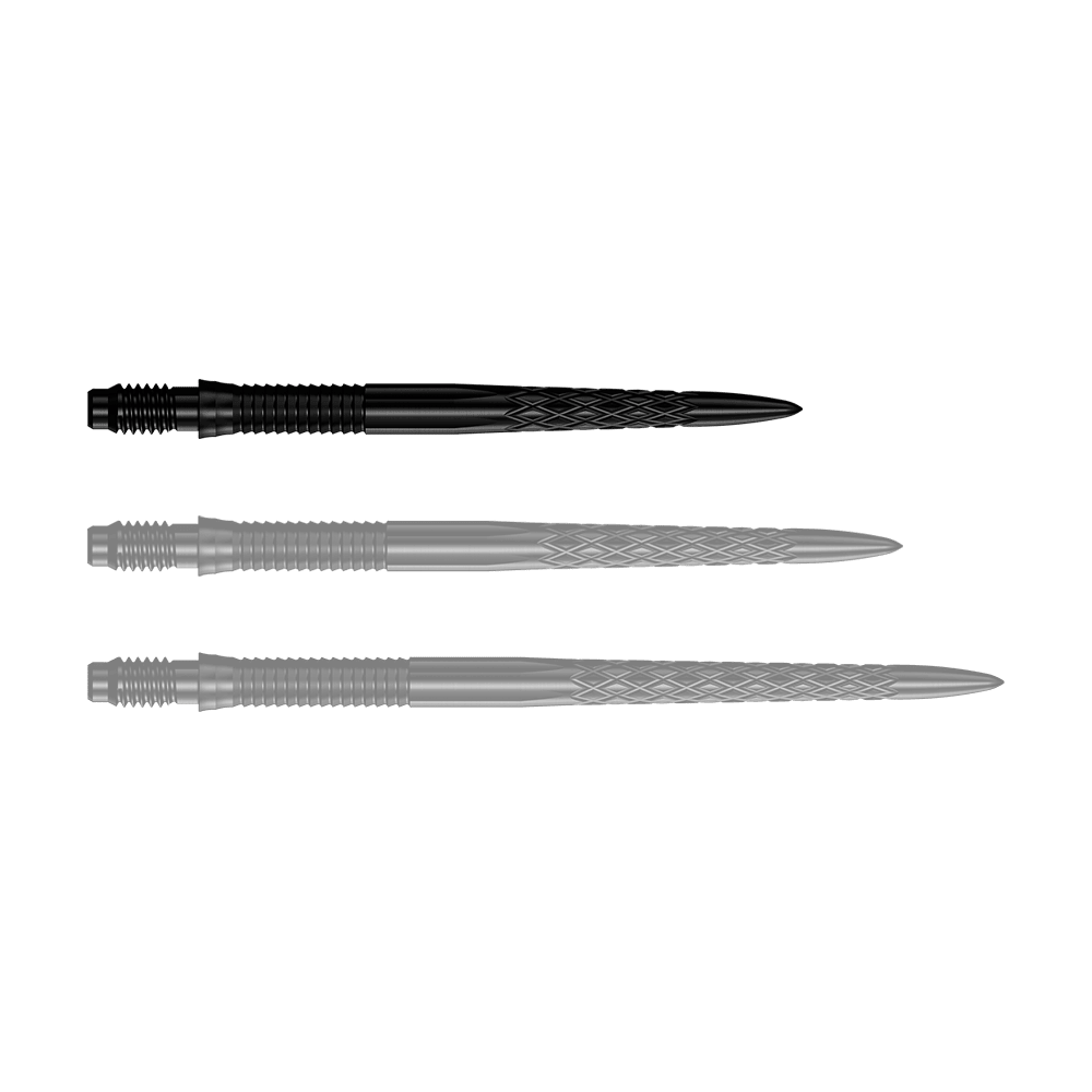 Mission R2.5 Rapid Point DSX dartpunten - Zwart Das Bild zeigt eine Reihe von schwarzen Dartspitzen mit der Bezeichnung 30mm. Die Spitze ist für den Einsatz in Darts geeignet.