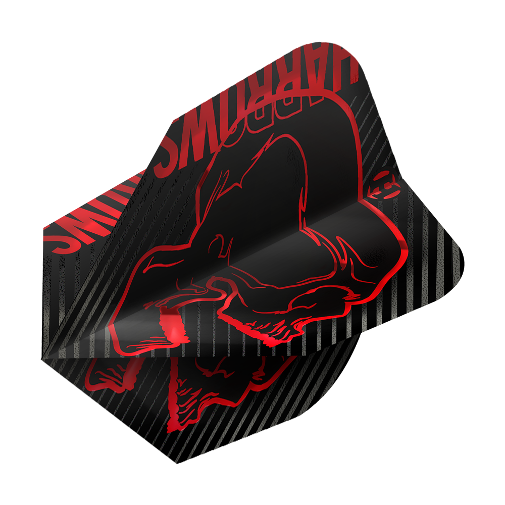 Harrows Rage Red No6-vluchten Das Bild zeigt das Produkt "Harrows Rage Red No6 Flights". Die Flights sind schwarz mit roten Grafiken und Streifen verziert.