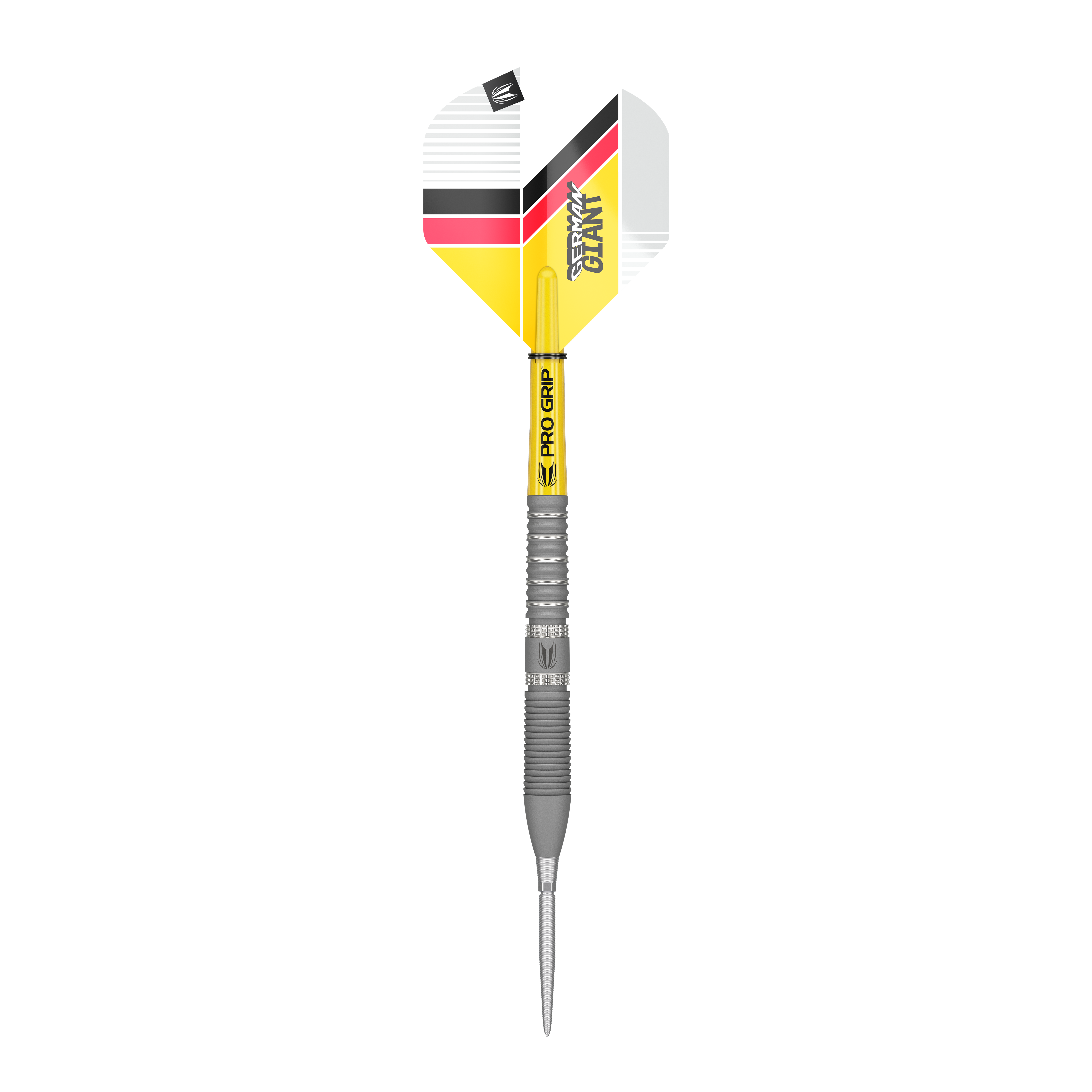 Target Gabriel Clemens GEN2 Swiss Point steel darts Das Bild zeigt einen Target Gabriel Clemens GEN2 Swiss Point Steeldart. Der Dart hat eine silberne Spitze und Schaft sowie gelbe, schwarze und rote Akzente auf dem Flight.