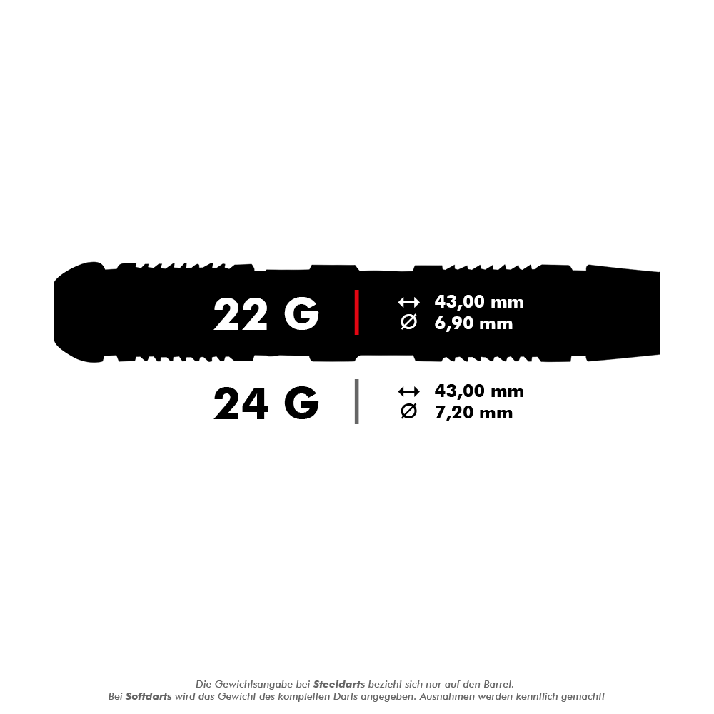 Unicorn Ballista Style 2 stalen darts Das Bild zeigt die Maße von Steeldarts in zwei verschiedenen Gewichtsklassen: 22 Gramm und 24 Gramm. Beide Darts sind 43,00 mm lang, aber der Durchmesser beträgt 6,90 mm bei 22 Gramm und 7,20 mm bei 24 Gramm.