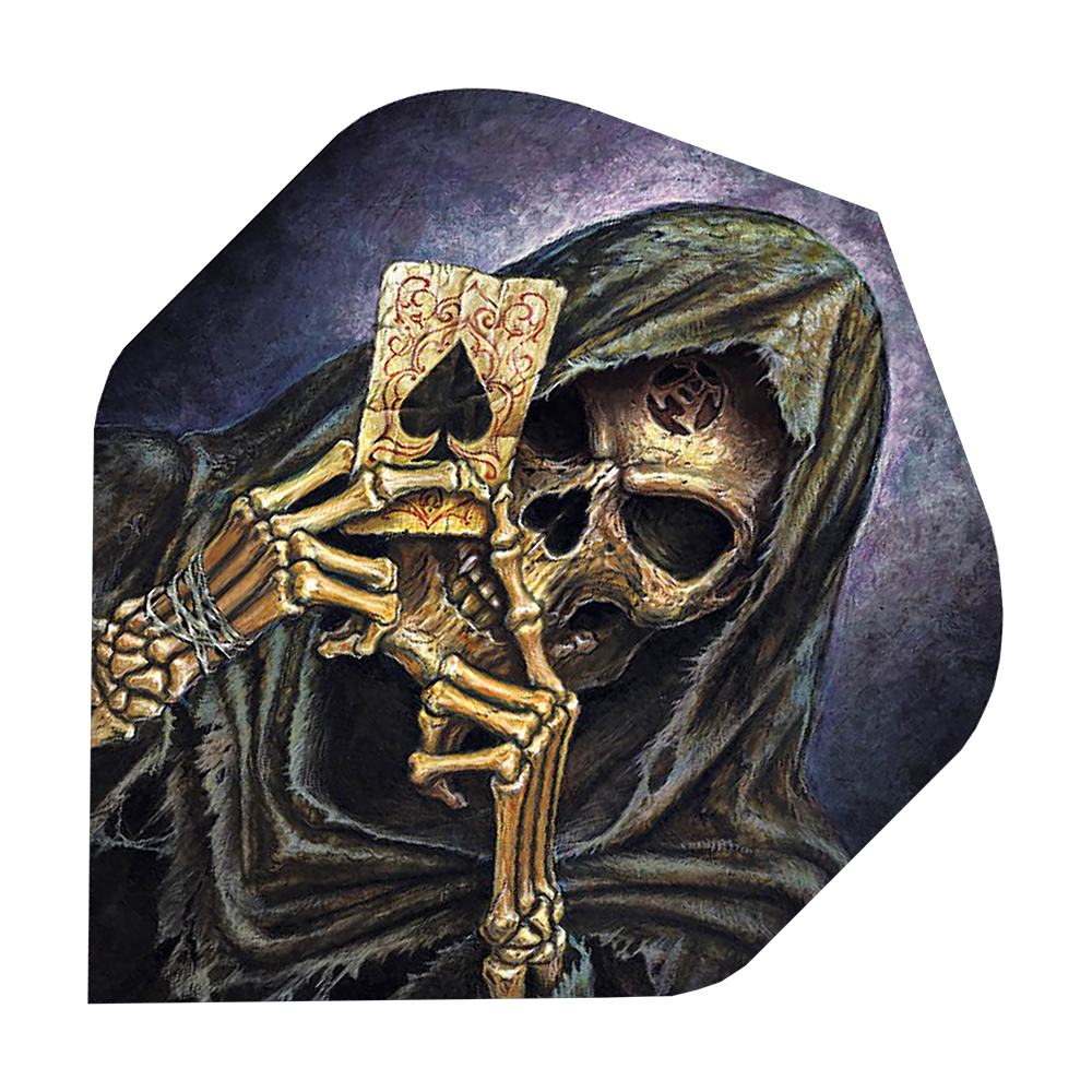 ALC2_Alchemy_Reapers_Ace_Standard_Flights_1 Das Bild zeigt einen Sensenmann mit Kapuze, der eine Spielkarte mit einem Pik-Ass hält. Die Farben sind dunkel und erzeugen eine mystische, unheimliche Stimmung.