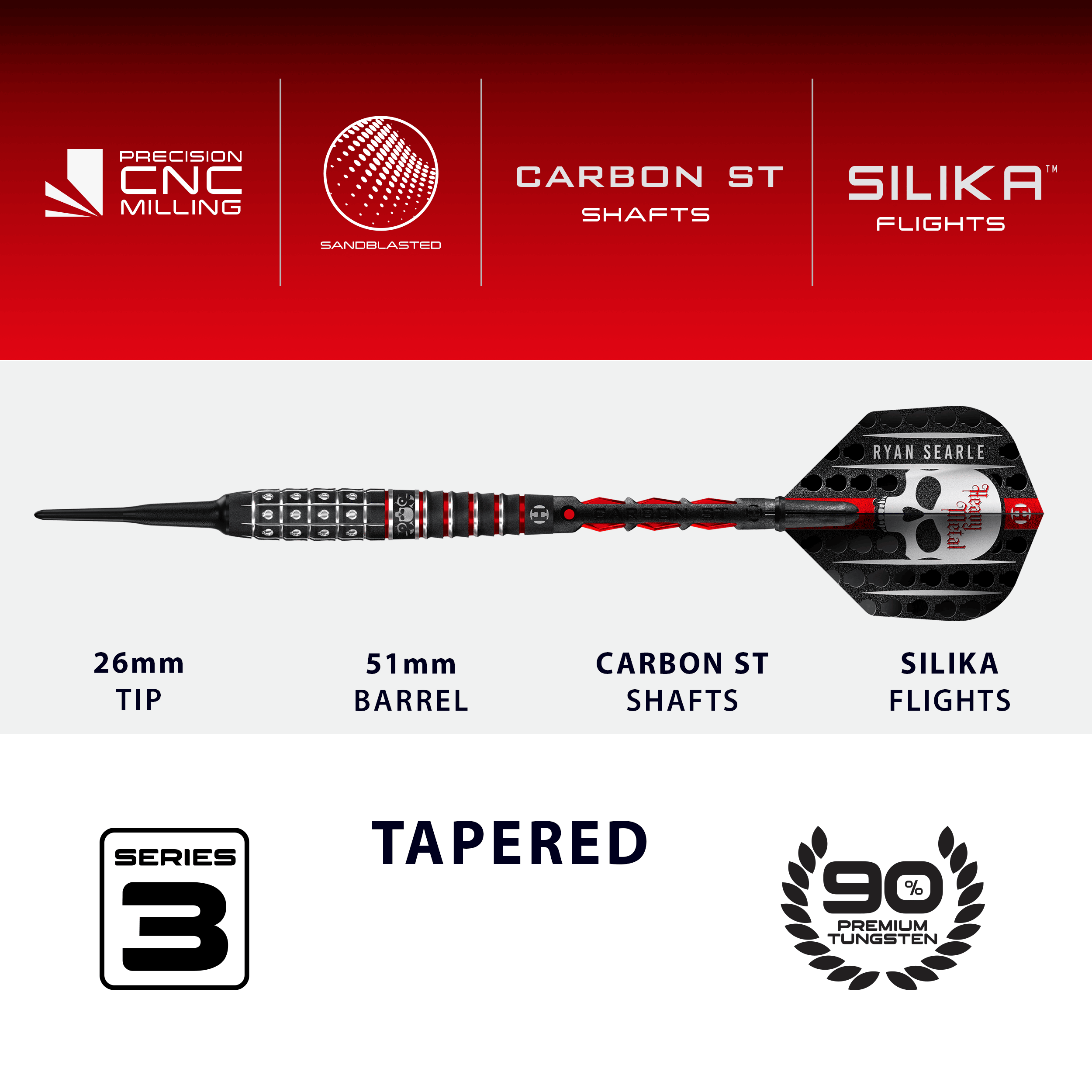 Das Bild zeigt die Harrows Ryan Searle Series 3 Softdarts. Diese Dartpfeile sind für den Softdartbereich konzipiert.