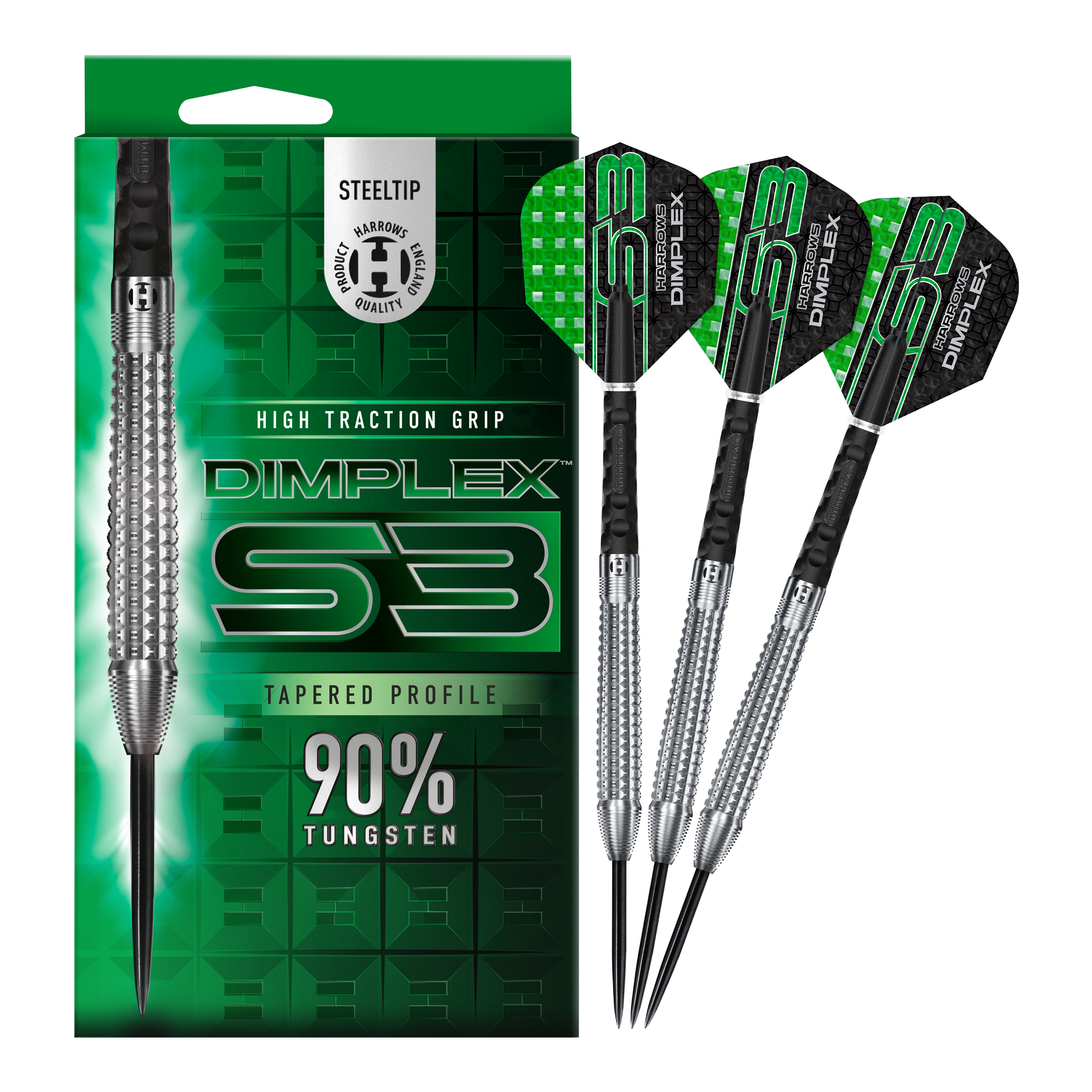 Harrows Dimplex S3 taps toelopende stalen darts Ein weiteres Bild der Harrows Dimplex S3 Tapered Steeldarts. Die Darts liegen nebeneinander.