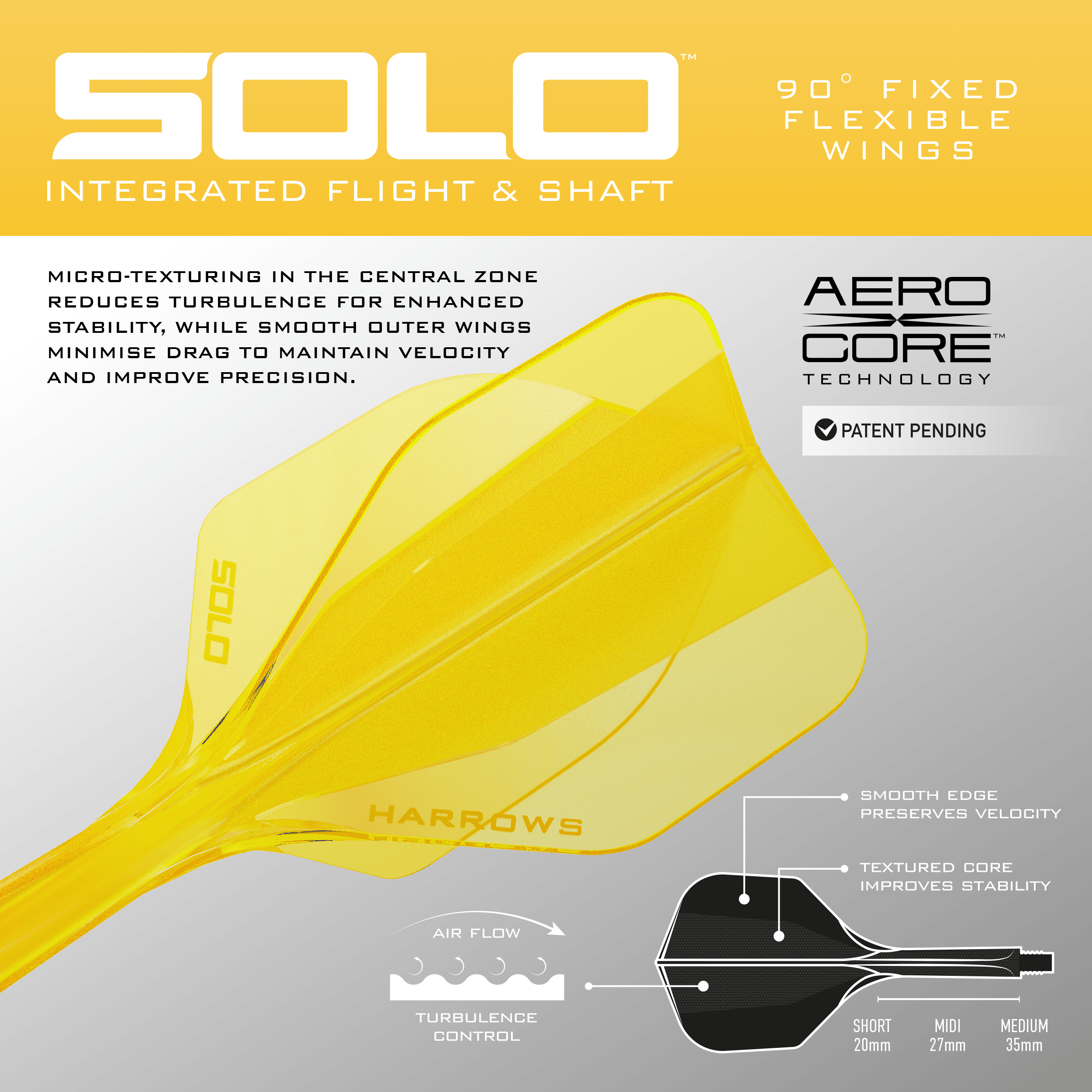 Harrows Solo No6 Flight Shaft System - Geel Abgebildet ist das Harrows Solo No6 Flight-Shaft-System in Gelb. Dieses Produkt wird als Teil für Dartpfeile verwendet.