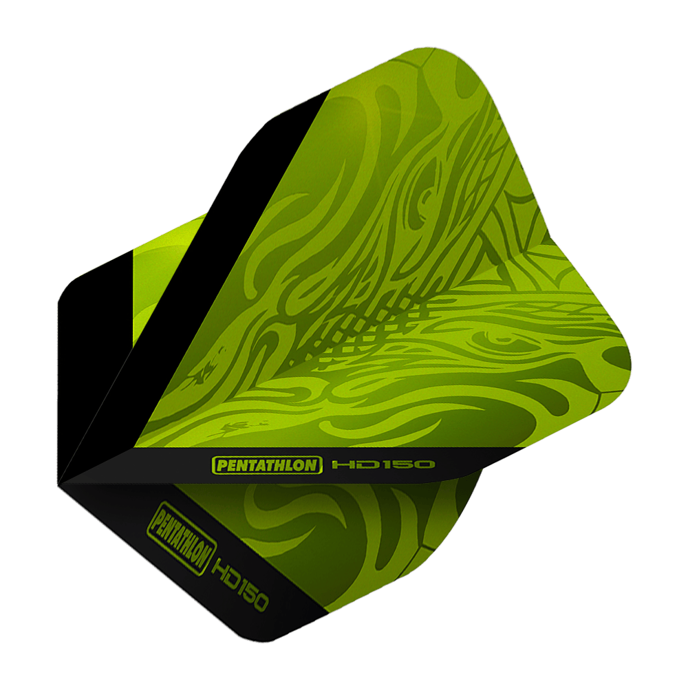 Pentatlon HD150 Metallic Green Standaardvluchten Das Bild zeigt ein Dartflight in Metallic-Grün mit dem Produktnamen "Pentathlon HD150". Auf dem Flight sind schwarze Akzente und der Schriftzug "Pentathlon HD150" zu sehen.