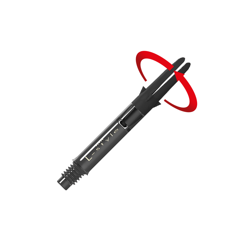 L-L-Style-Shaft Carbon Silent Straight - Zwart Auf dem Bild ist ein schwarzer Dartshaft aus Carbon der Marke L-Style zu sehen. Am oberen Ende ist eine rote Pfeilmarkierung, die eine Drehbewegung anzeigt.