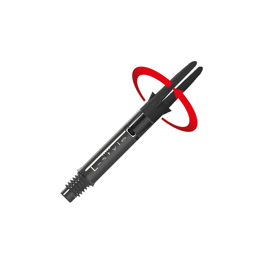 L-L-Style-Shaft Carbon Silent Straight - Zwart Auf dem Bild ist ein schwarzer Dartshaft aus Carbon der Marke L-Style zu sehen. Am oberen Ende ist eine rote Pfeilmarkierung, die eine Drehbewegung anzeigt.