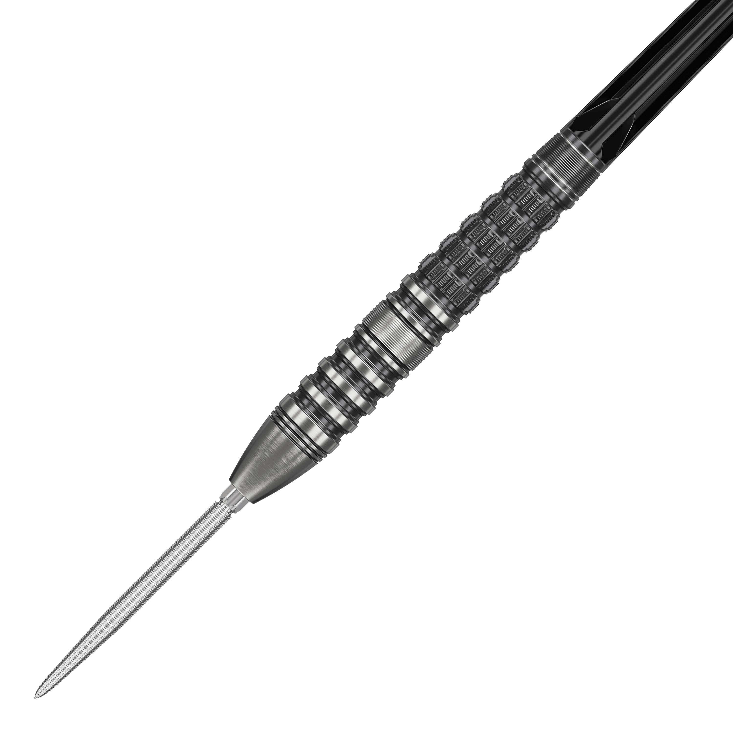 Target Japan Black Marque Lumiere GEN3 stalen darts Das Bild zeigt den Target Japan Black Marque Lumiere GEN3 Steeldart. Der Dart hat ein silbernes, fein strukturiertes Barrel mit schwarzen Akzenten und einer scharfen Spitze.