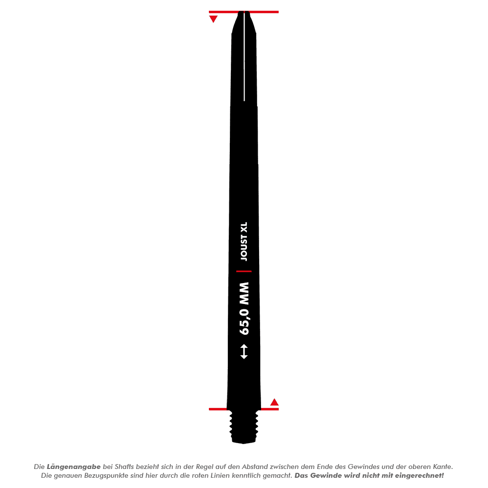 C816_Red_Dragon_Joust_XL_Shafts_5_65mm Das Bild zeigt den Red Dragon Joust XL Shaft in Schwarz mit einer Länge von 65 mm. Die Längenangabe bezieht sich auf den Abstand zwischen dem Ende des Gewindes und der oberen Kante, das Gewinde wird nicht mit eingerechnet.