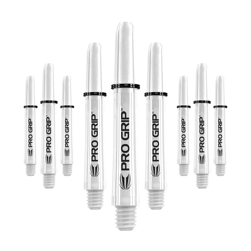 Target Pro Grip Shafts - 3 sets - Wit Auf dem Bild sind neun weiße Dart-Schäfte mit der Aufschrift "Pro Grip" abgebildet. Sie sind gleichmäßig angeordnet und wirken hochwertig verarbeitet.