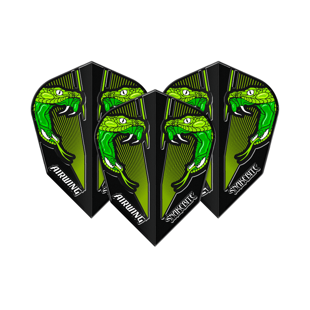 Red Dragon Airwing Peter Wright Green V-Standard Vluchten Das Bild zeigt drei Dartflights mit einem auffälligen grünen Schlangenkopf-Design. Auf den Flights steht "AIRWING" und "SNAKEBITE".