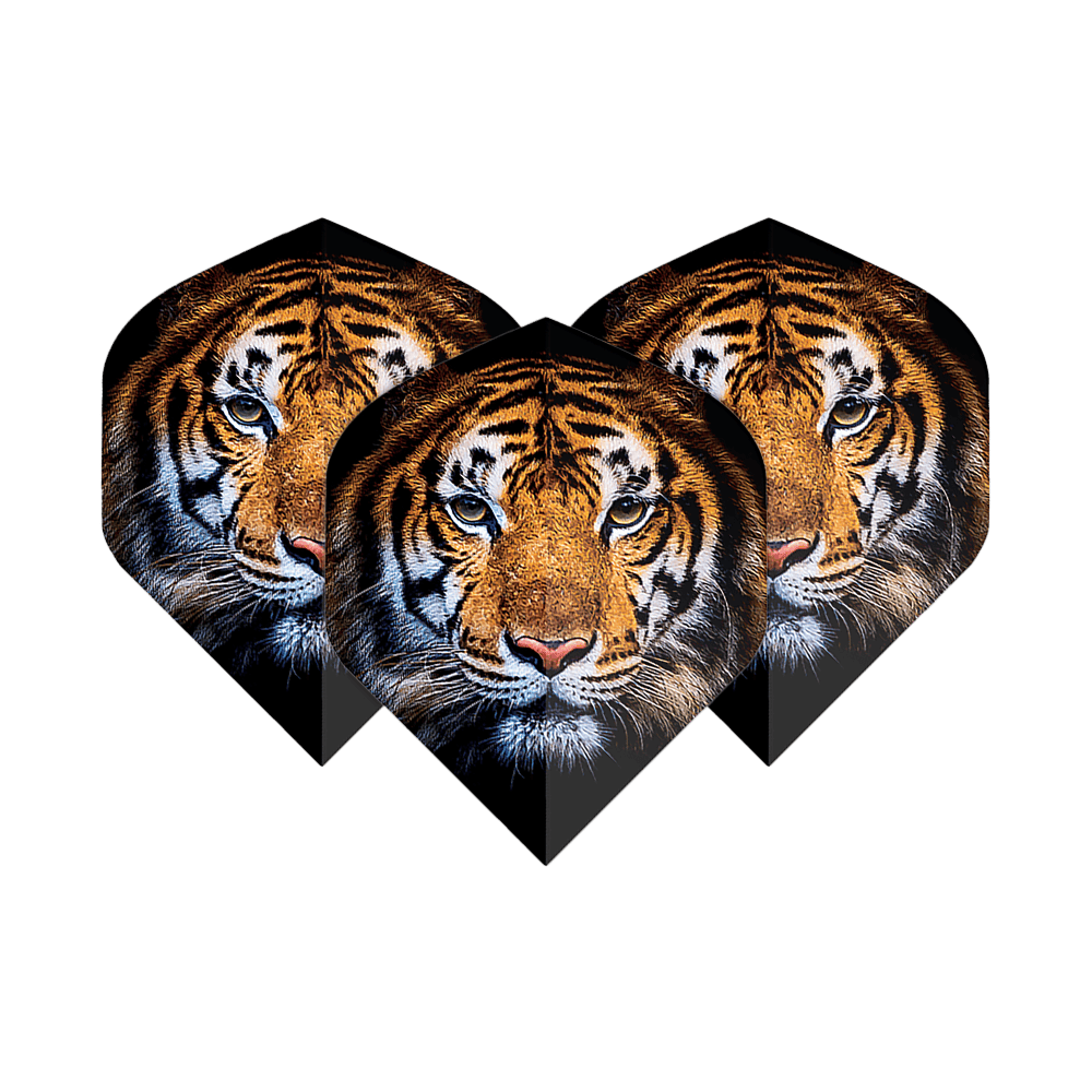 Pentatlon Vluchten Tiger Das Bild zeigt drei Dartflights mit dem Gesicht eines Tigers darauf. Die Flights sind das Produkt "Pentathlon Tiger No2 Standard Flights".