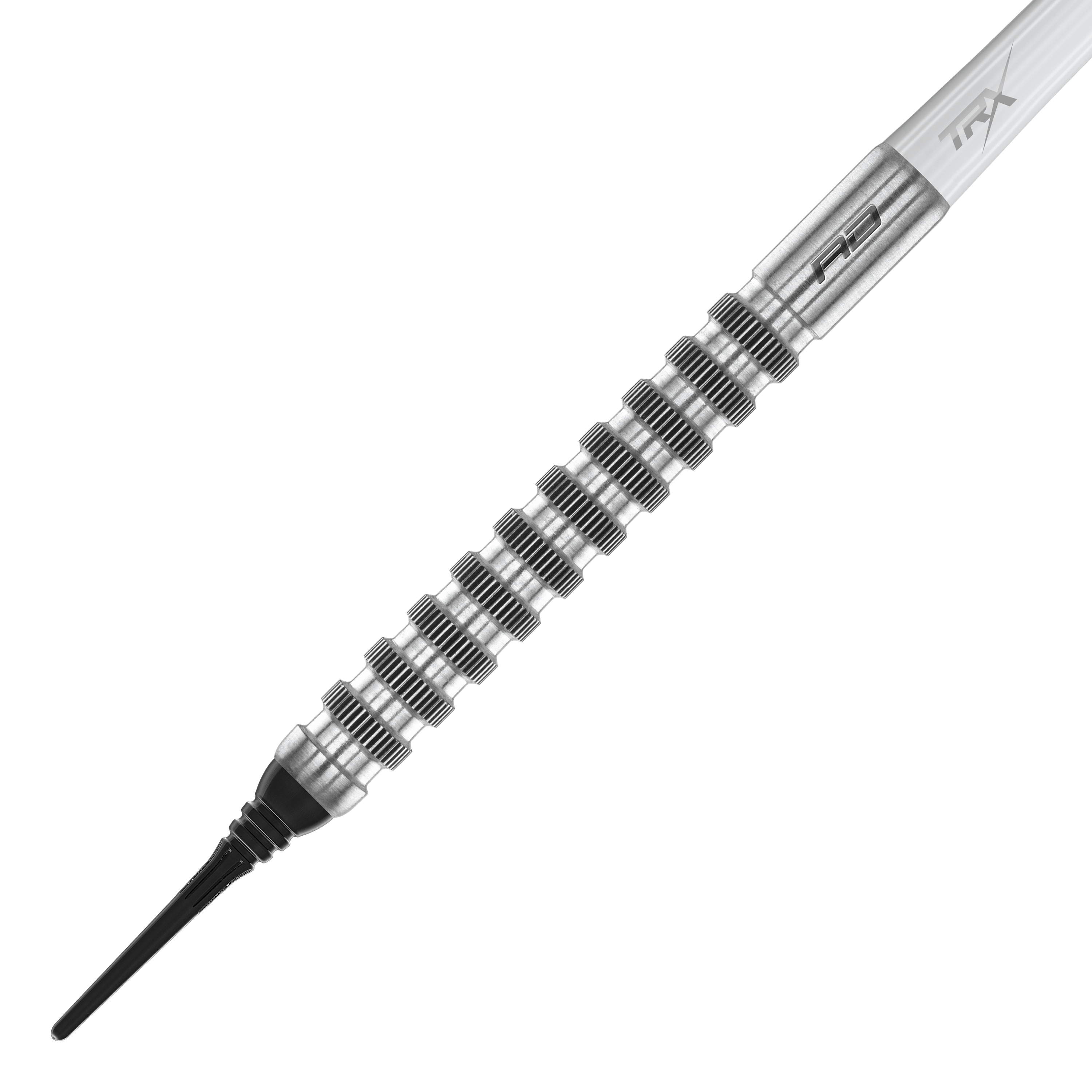 Red Dragon Javelin Speedline Zachte Darts - 20g Das Bild zeigt einen Red Dragon Javelin Speedline Softdart mit einem Gewicht von 20g. Der Dart hat ein silbernes, geriffeltes Barrel und eine schwarze Softspitze.