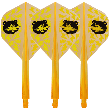 Condor Ax Black Bear Miyu Miyawaki Flight Shaft Neon Orange - Standaard Das Bild zeigt vier neonorange Dartflights mit gelbem Blitzmuster und einem schwarzen Bärenkopf darauf. Die Flights sind in Standard-Form gestaltet und tragen den Namen "Condor Axe Black Bear Miyu Miyawaki".