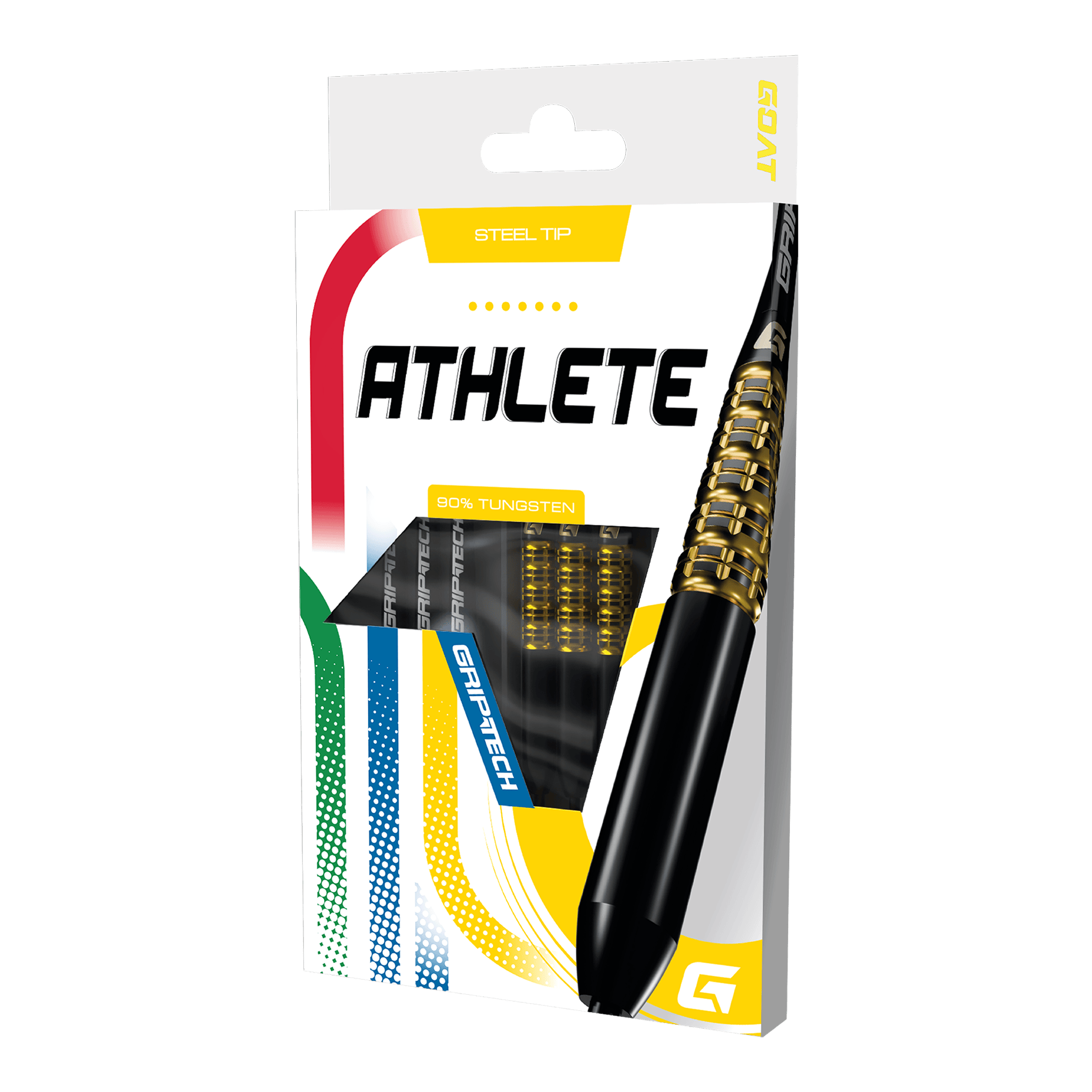 GOAT Athlete gele wolfraamstalen dartpijlen Das Foto zeigt einen gelben Tungsten-Steeldart. Das Produkt wird als 'GD7000770 GOAT Athlete Yellow Tungsten Steeldarts 3' bezeichnet.