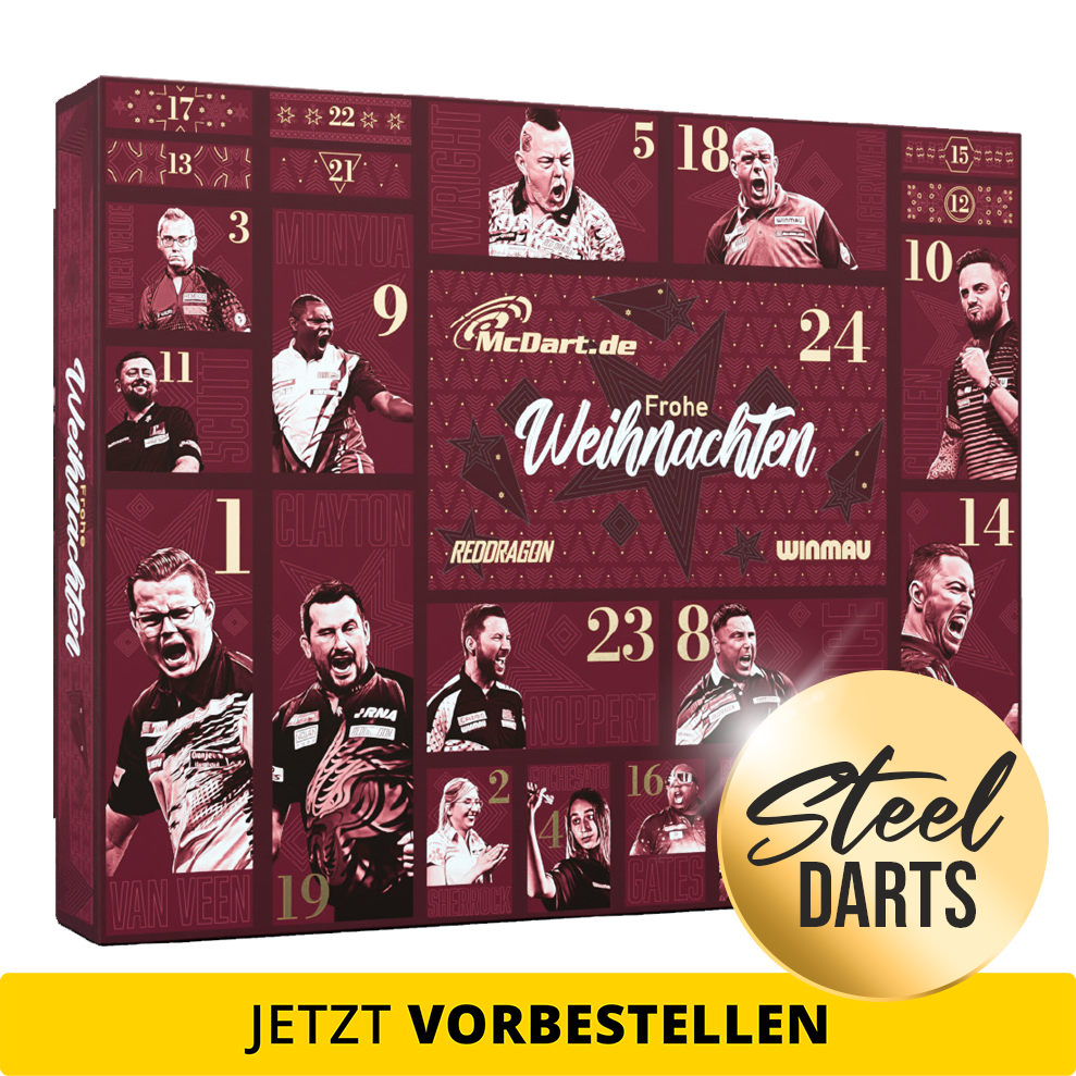 McDart Premium Adventskalender 2026 voor steeldartspelers Abgebildet ist der McDart Premium Adventskalender 2026 für Steeldart-Spieler. Das Design hebt die exklusive Premium-Edition hervor.