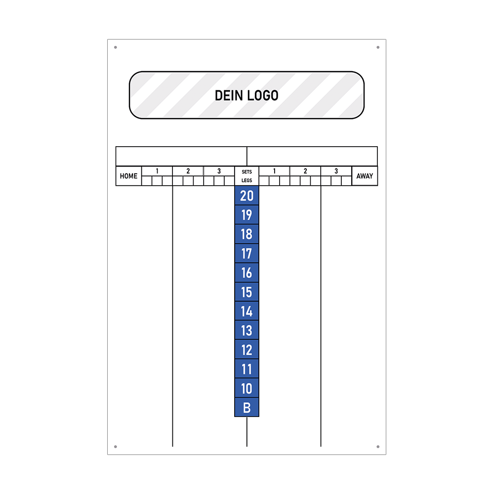 INSCORE2_Scoreboard_mit_Wunschdruck_40x60cm_Blau_2 Das Bild zeigt ein Dart Scoreboard mit blauen Zahlen von 20 bis 10 und einem Feld mit "B". Oben ist Platz für ein individuelles Logo, daneben befinden sich Felder zur Punktevergabe für Heim- und Auswärtsteams.