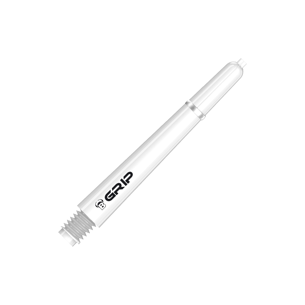 BS55069_Bulls_B-Grip-2_SL_Shafts_Weiss_41mm_2 Das Bild zeigt einen weißen Bulls B-Grip-2 SL Schaft für Dartpfeile. Auf dem Schaft ist das Wort "GRIP" in schwarzer Schrift zu sehen.