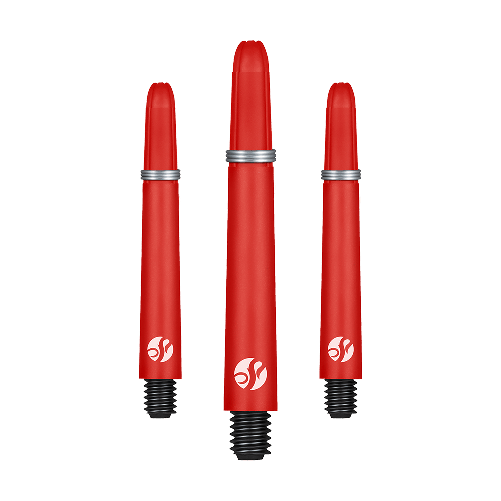 Shot Koi Carbon Shafts - Rood Das Bild zeigt drei rote Dartschäfte mit schwarzen Gewinden und silbernen Ringen. Alle drei Schäfte haben ein weißes Logo aufgedruckt.