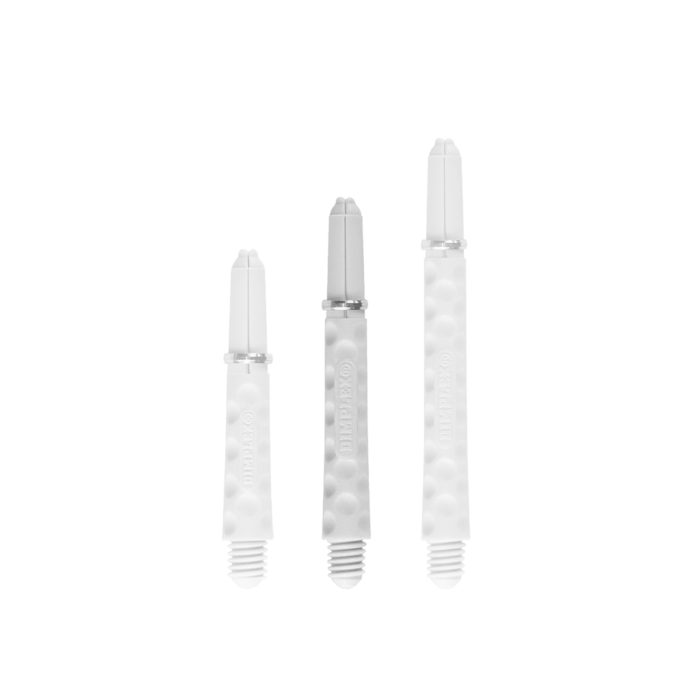 Harrows Dimplex Shafts - Weiß Auf dem Bild sind drei weiße Dartschäfte in unterschiedlichen Längen zu sehen. Sie haben eine strukturierte Oberfläche mit kleinen Vertiefungen und jeweils einen Metallring.