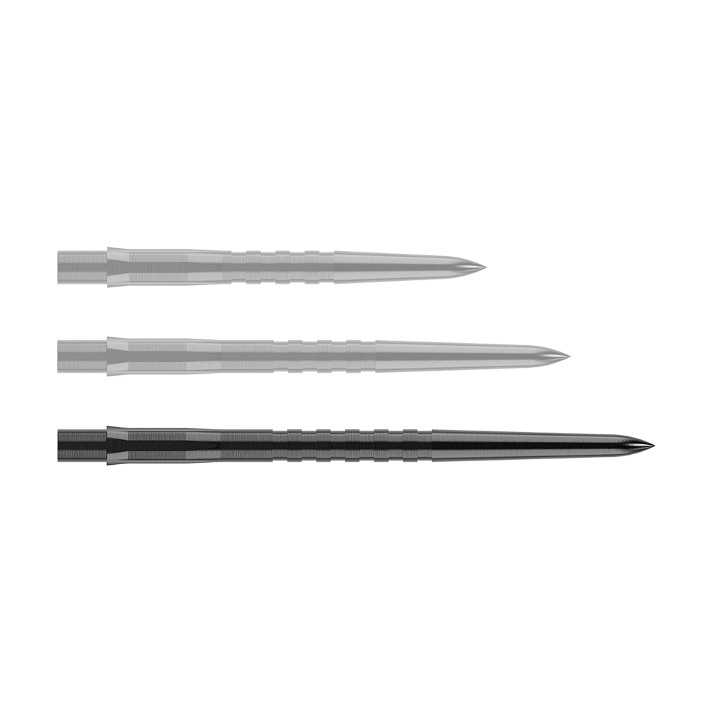 Mission Caliburn EVO dartpunten - gegroefd - zwart Auf dem Bild sind drei schwarze, gerillte Stahlspitzen für Steeldarts zu sehen. Sie liegen parallel nebeneinander auf einem neutralen Hintergrund.