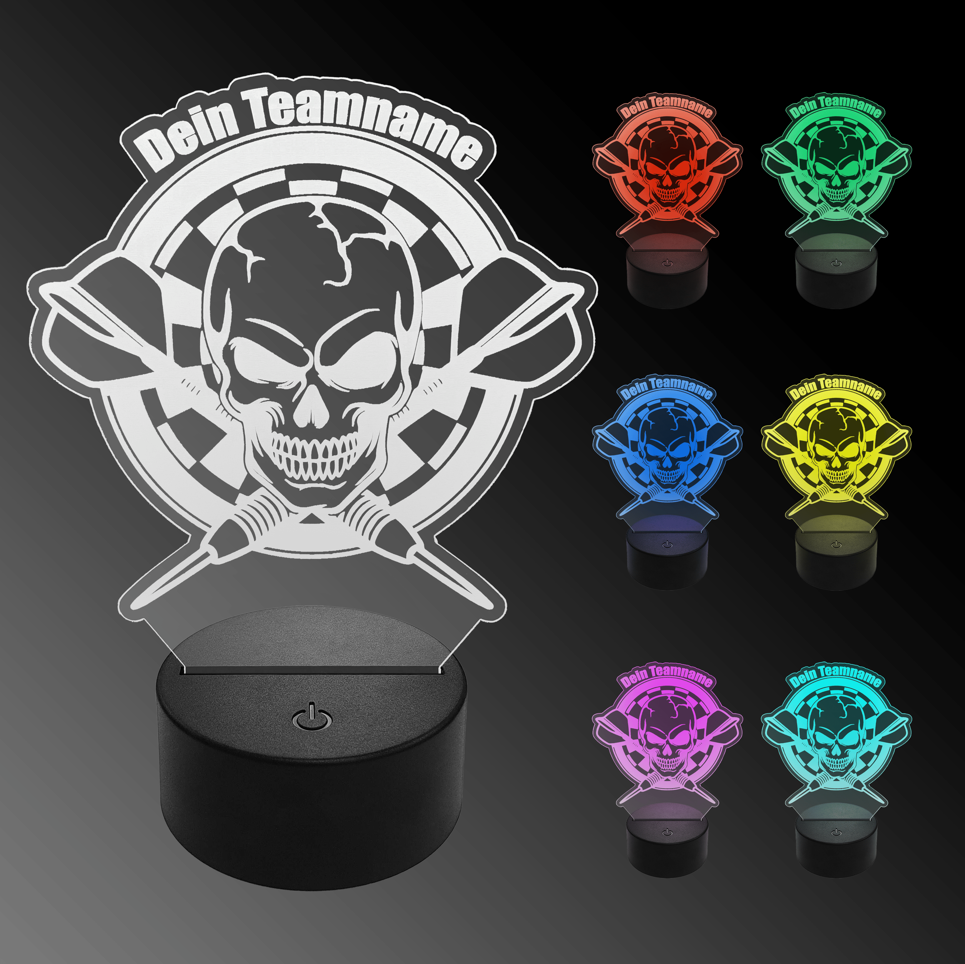 LED plexiglas dartlamp met aangepaste tekst Das Bild zeigt eine LED-Lampe in Form eines Plexiglas-Schildes mit einem Totenkopf und Dartpfeilen, auf dem „Dein Teamname“ steht. Rechts sind sechs weitere Varianten der Lampe in verschiedenen Farben zu sehen.