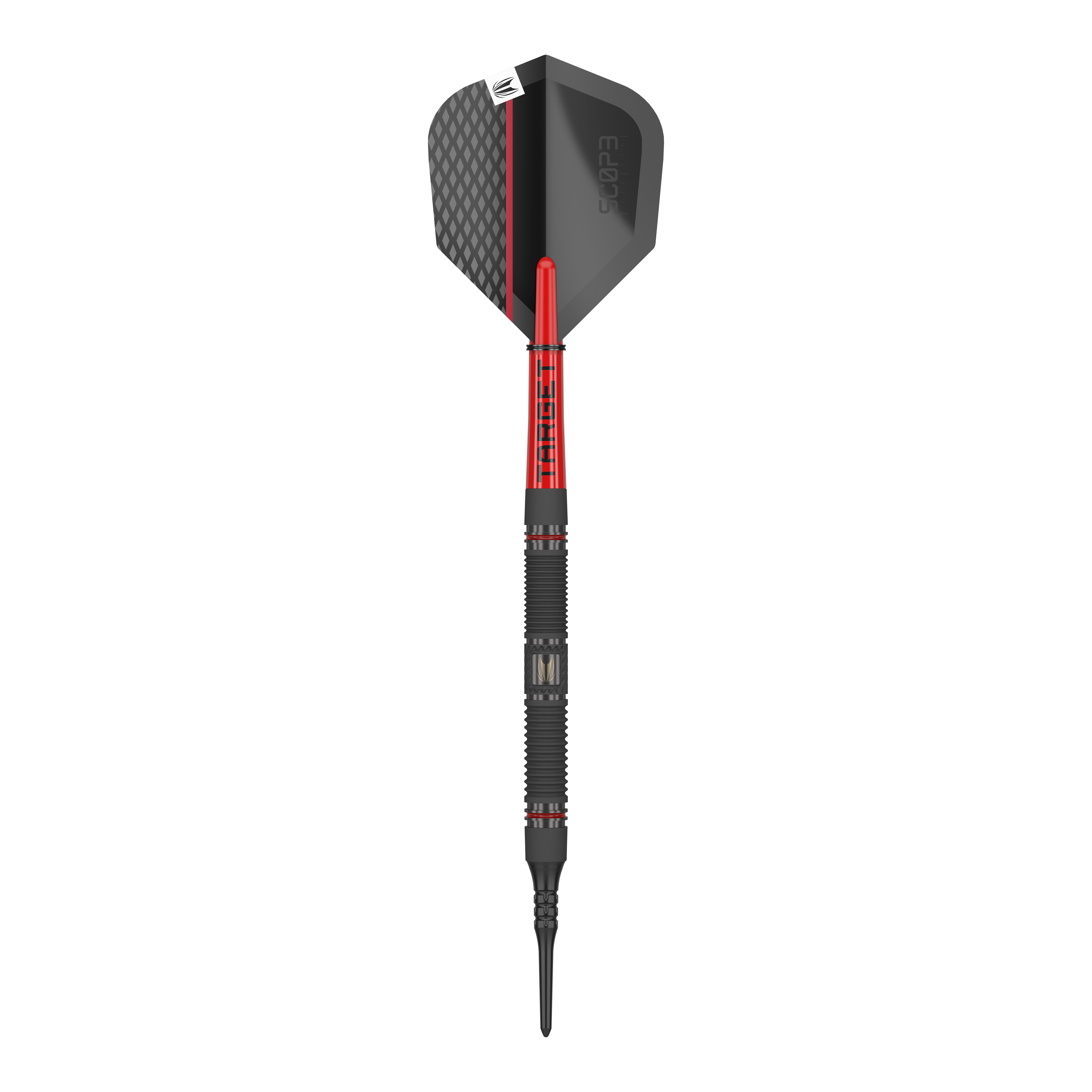 Target Scope 10 zachte pijltjes Das Bild zeigt einen Target Scope 10 Softdart. Der Dartpfeil hat ein schwarzes und rotes Design mit einer strukturierten Spitze und einer schwarzen Flight.