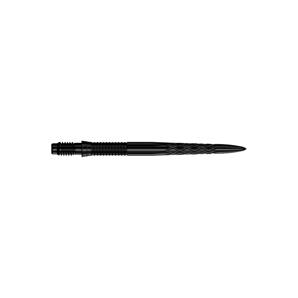 Mission R2.5 Rapid Point DSX dartpunten - Zwart Abgebildet sind schwarze Dartspitzen mit einer Länge von 30 mm. Die Spitzen liegen parallel zueinander.