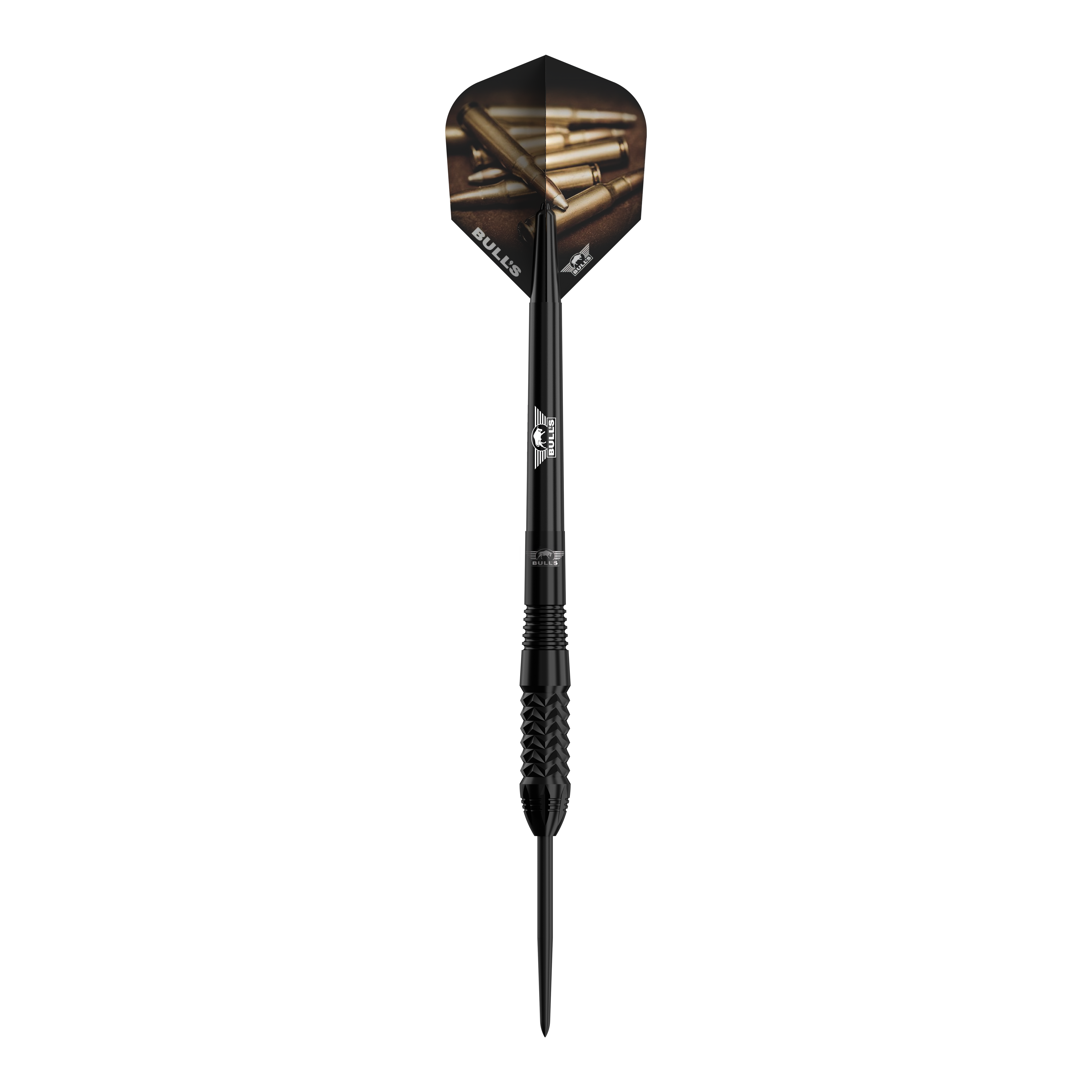 Bulls NL Caliber Black stalen darts Der Bulls NL Caliber Black Steeldart ist ein eleganter, schwarzer Steeldartpfeil. Die Flights zeigen ein Motiv mit Patronenhülsen und das Bulls-Logo ist auf dem Schaft zu sehen.